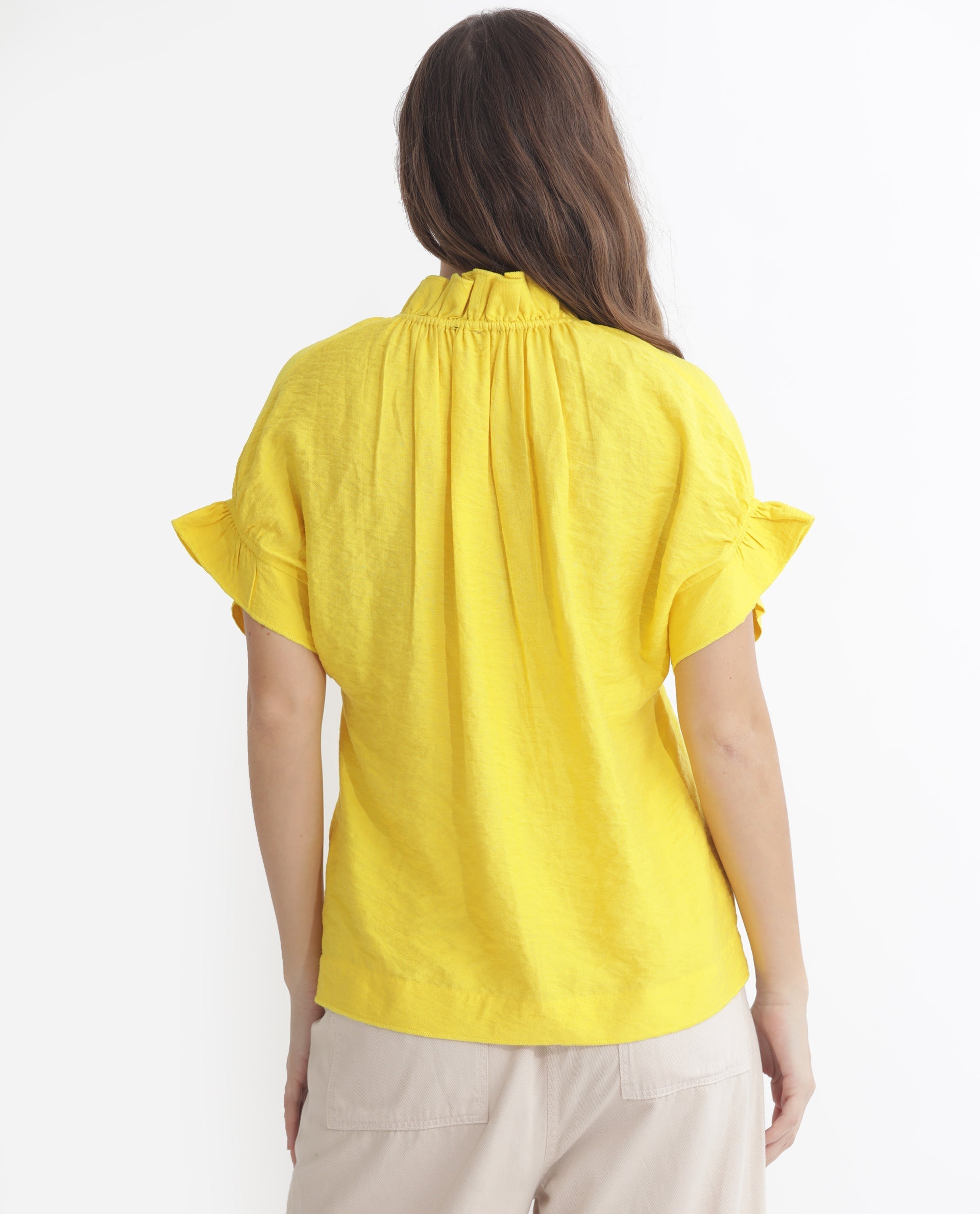Rareism Women's Tich Yellow Polyester Sweetheart Neck Plain Ruffled Sleeve Regular Fit Top