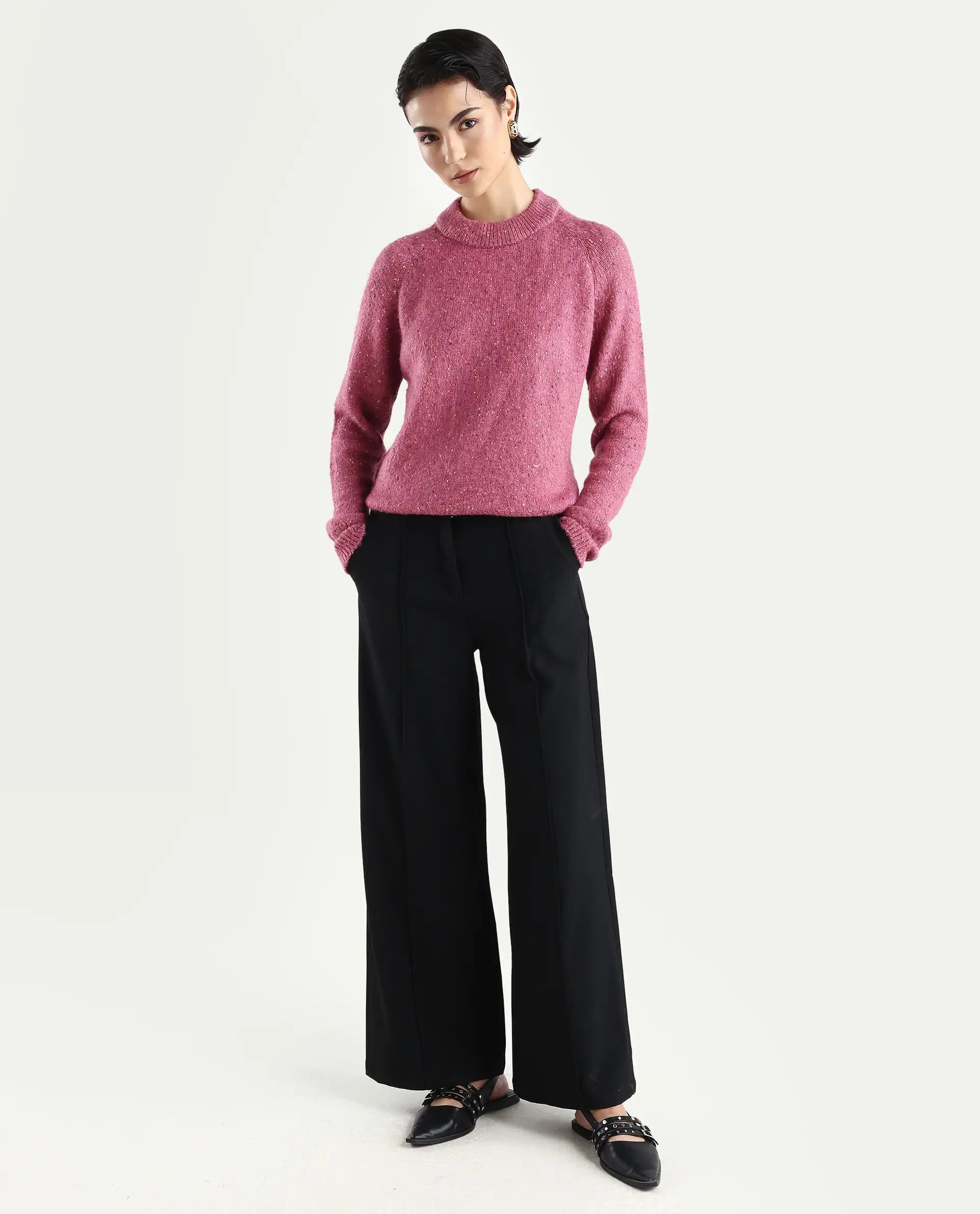 Rareism Women's Tinzol Light Pink Acrylic Blend Crew Neck Relaxed Fit Plain Sweater