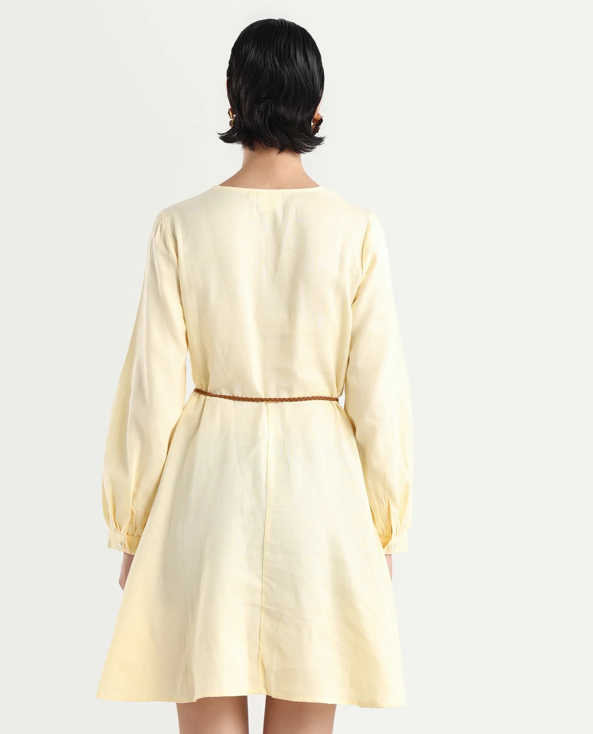 Rareism Women's Tirday Yellow Cotton V-Neck Plain Bishop Sleeve Mini Fit And Flare Dress