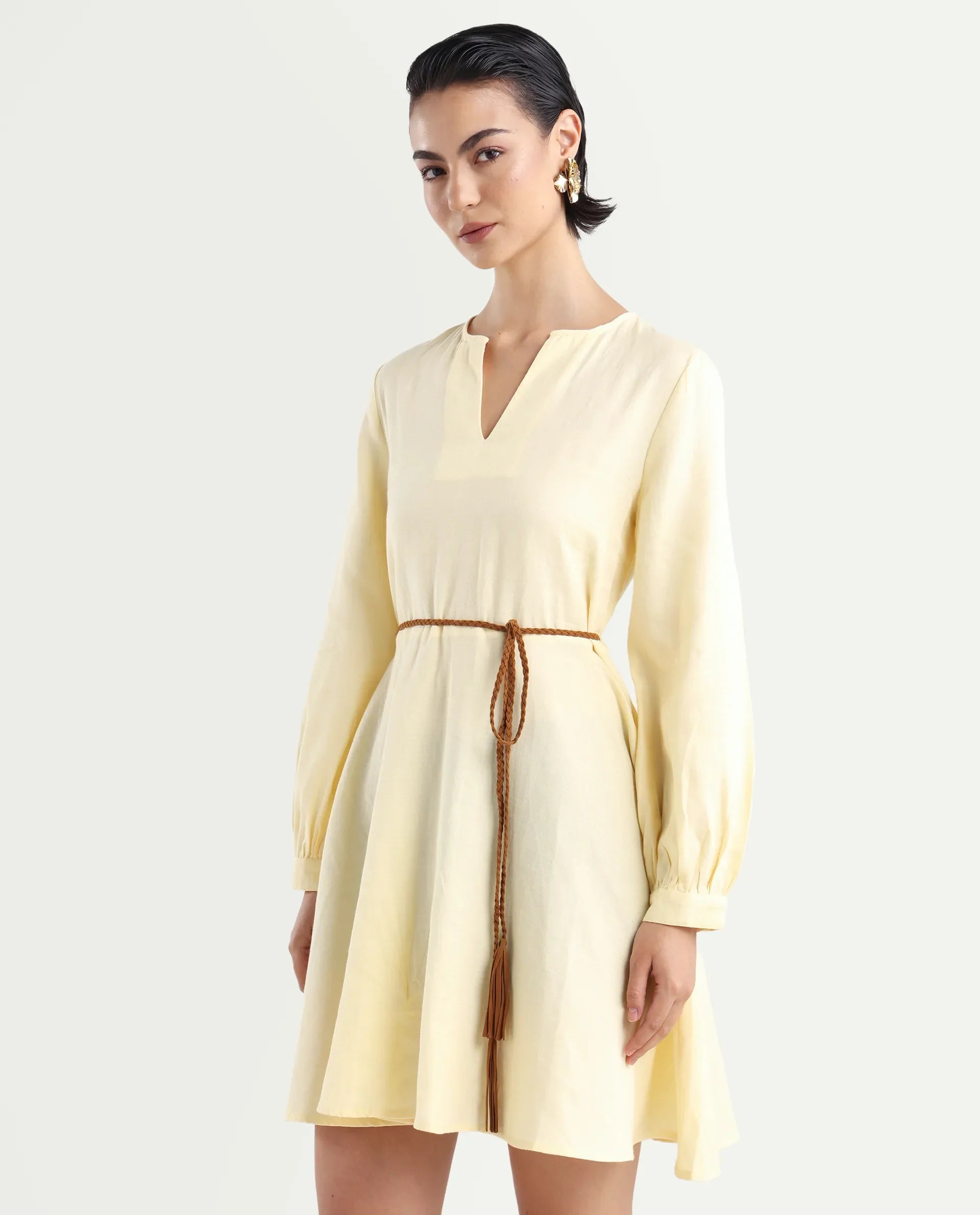 Rareism Women's Tirday Yellow Cotton V-Neck Plain Bishop Sleeve Mini Fit And Flare Dress