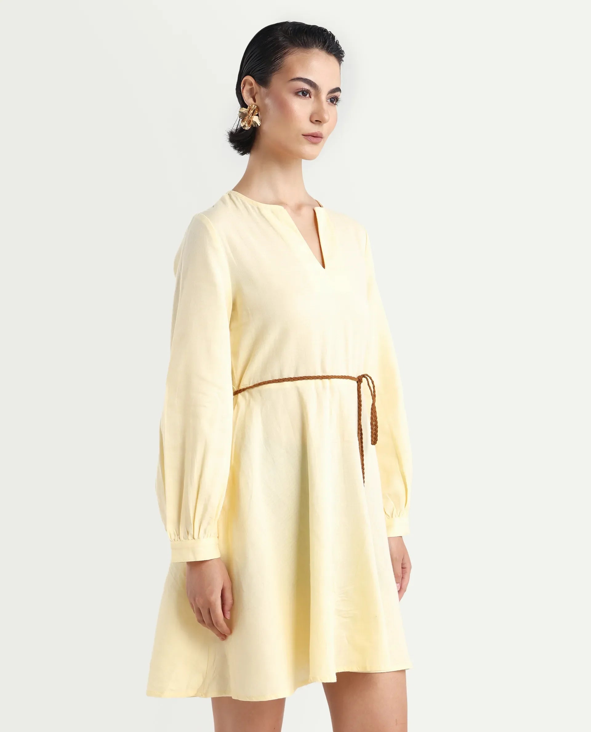 Rareism Women's Tirday Yellow Cotton V-Neck Plain Bishop Sleeve Mini Fit And Flare Dress