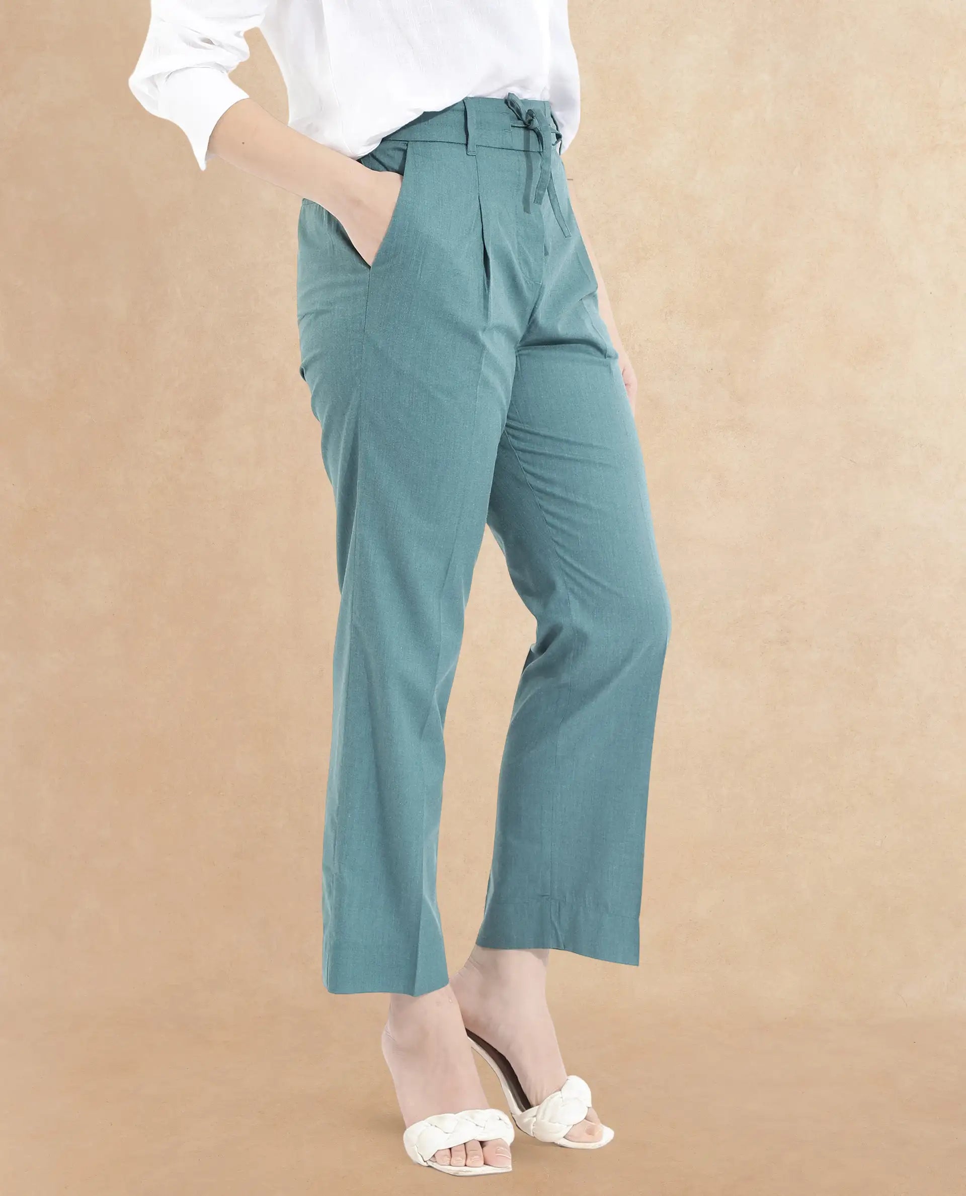 Rareism Women's Tiza Green Polyester Blend Plain Ankle Length Straight Fit Trouser