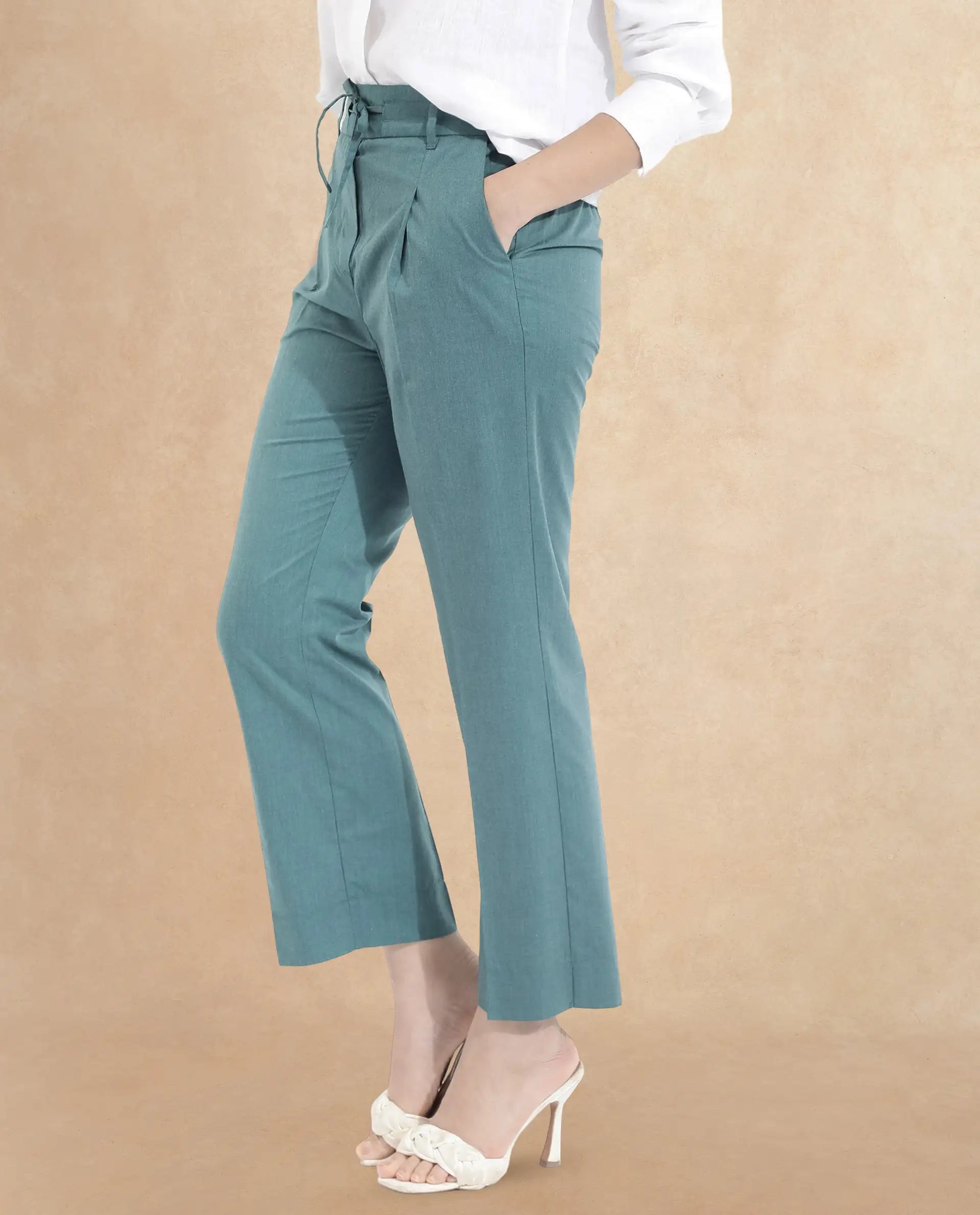 Rareism Women's Tiza Green Polyester Blend Plain Ankle Length Straight Fit Trouser