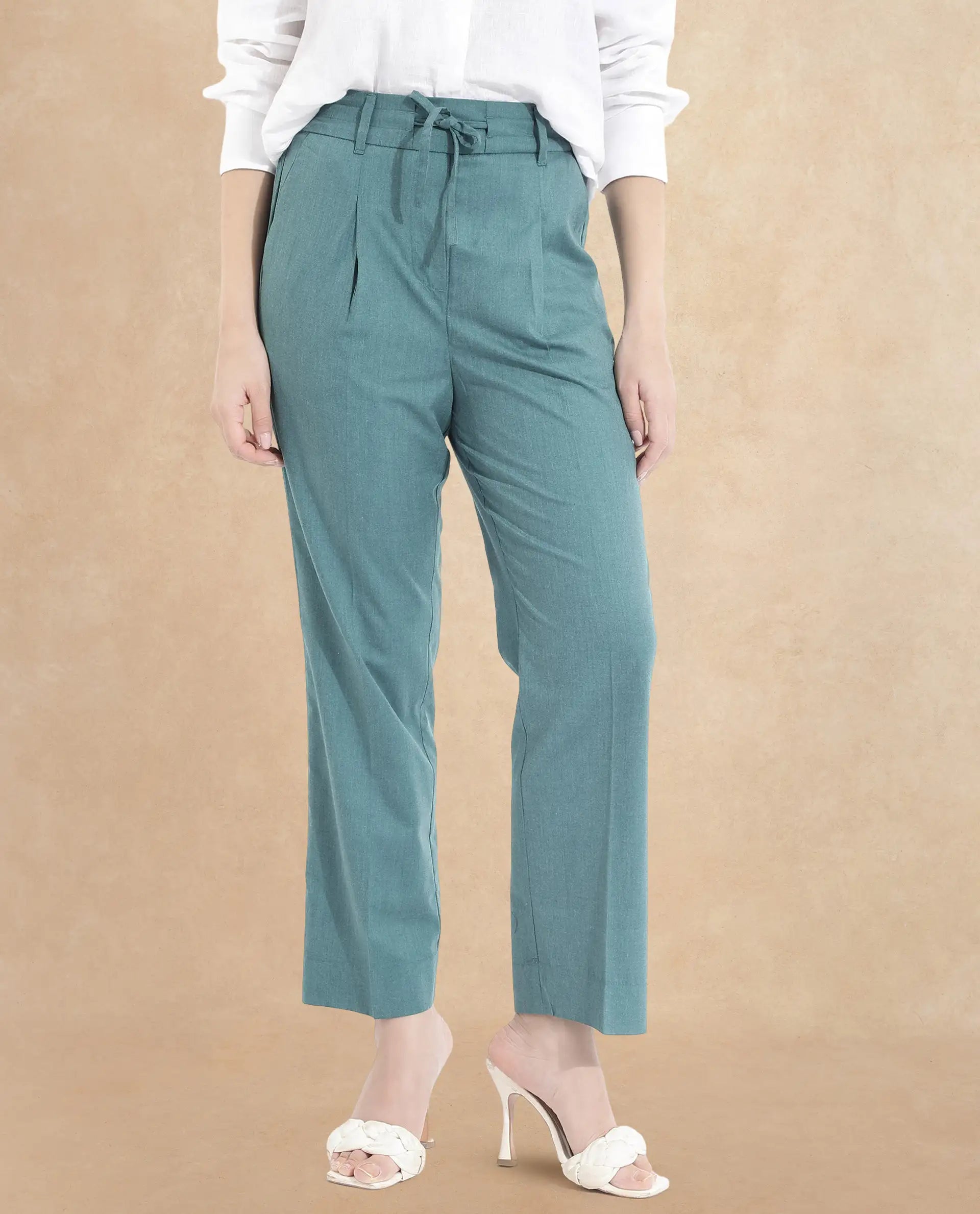 Rareism Women's Tiza Green Polyester Blend Plain Ankle Length Straight Fit Trouser