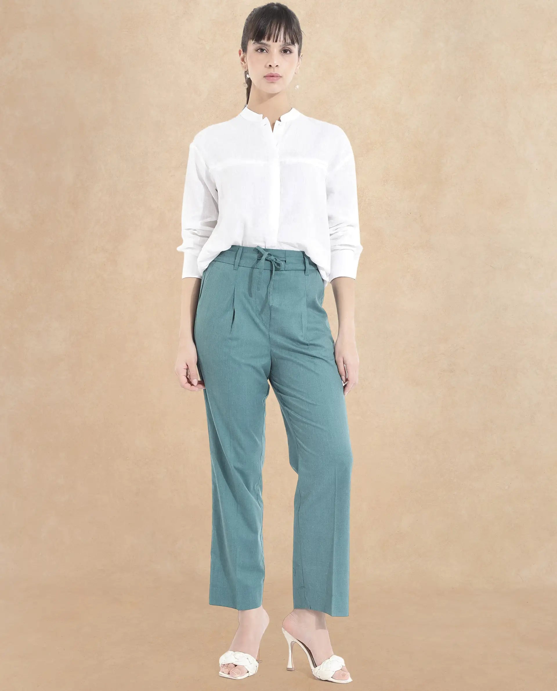 Rareism Women Tiza Green Tie-Up Closure Straight Fit Ankle Length Plain Trouser