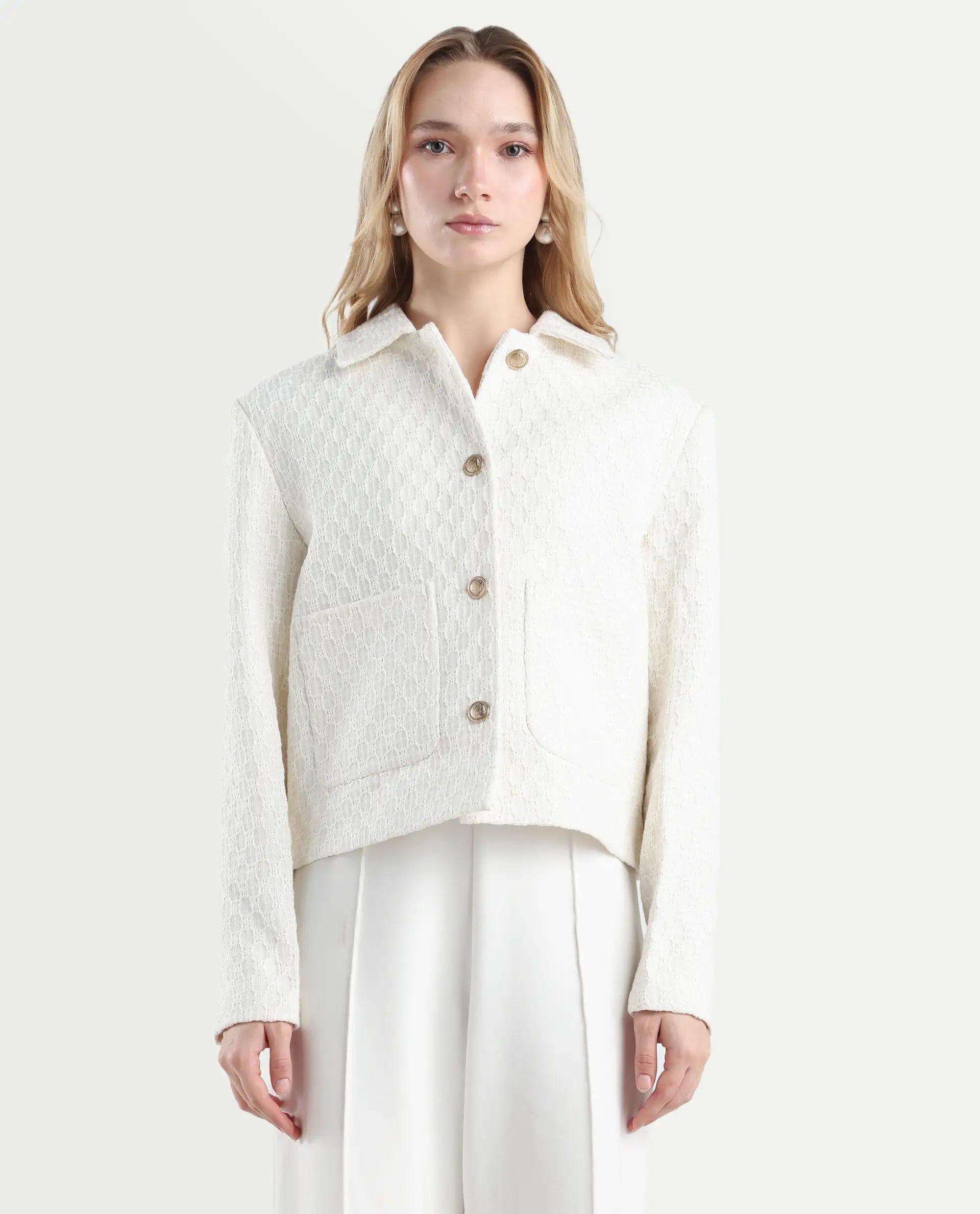 Rareism Women's Tizol-W Off White Polyester Blend Spread Collar Regular Fit Jacket