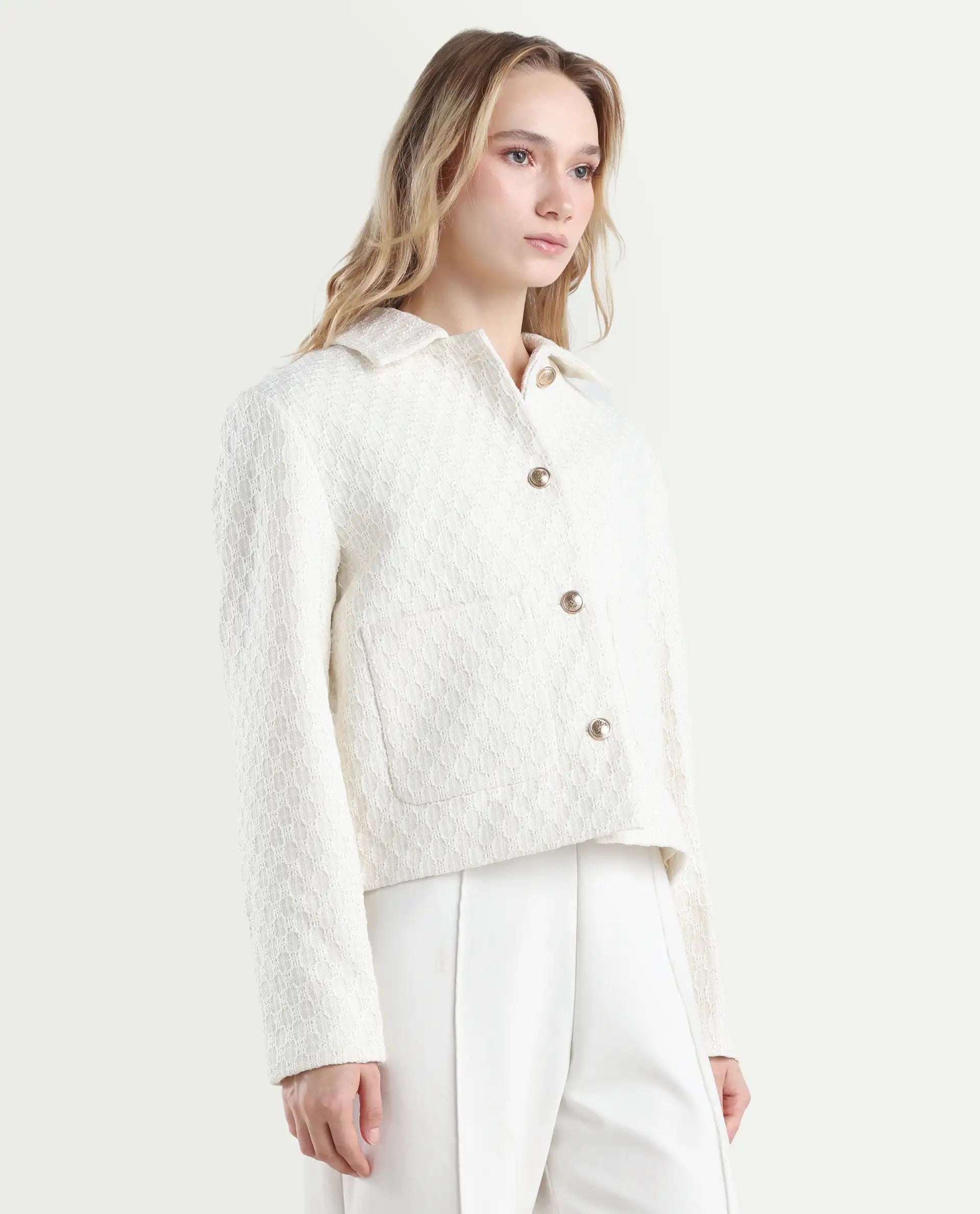 Rareism Women's Tizol-W Off White Polyester Blend Spread Collar Regular Fit Jacket