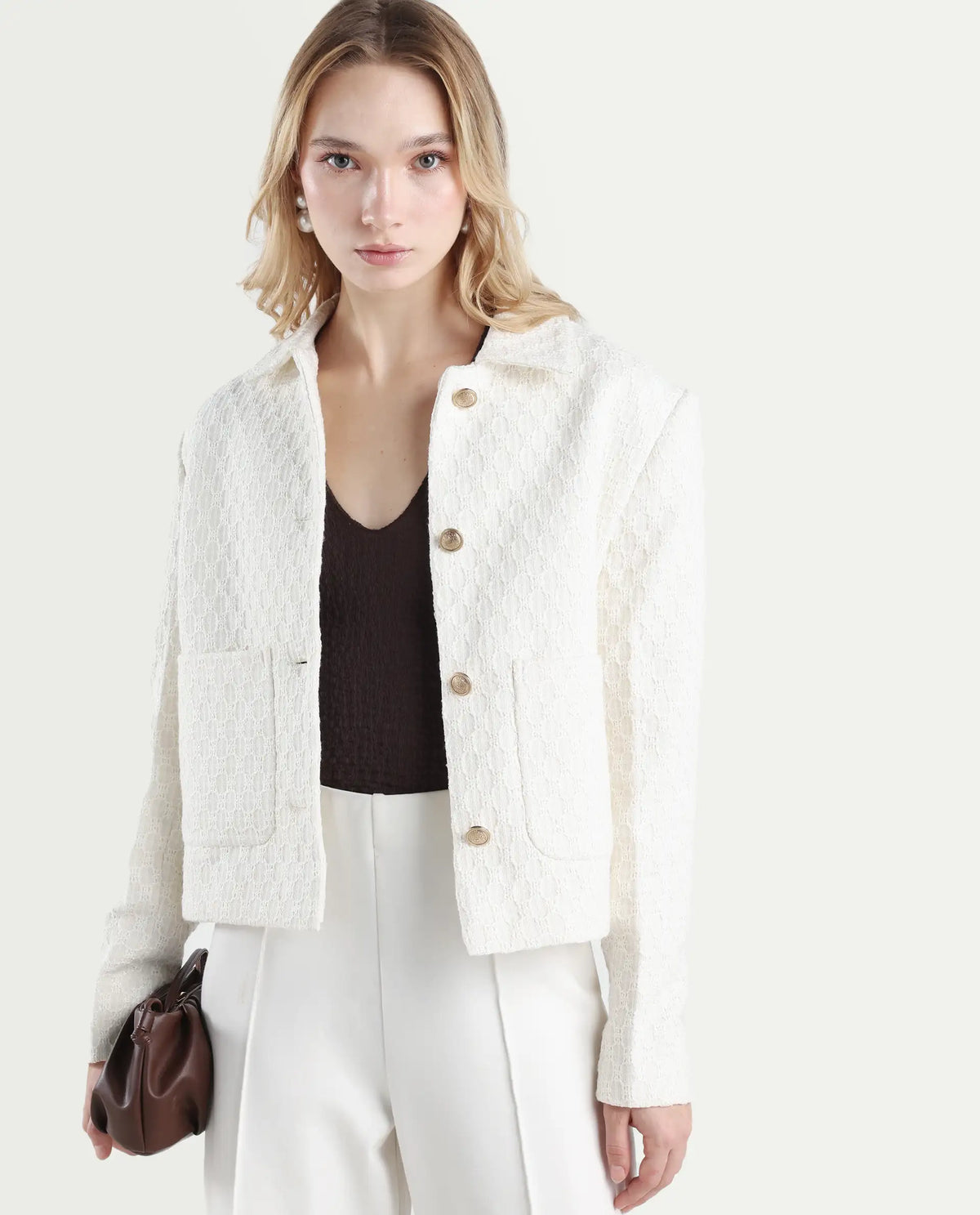 Rareism Women's Tizol-W Off White Cotton Blend Spread Collar Regular Fit Jacket