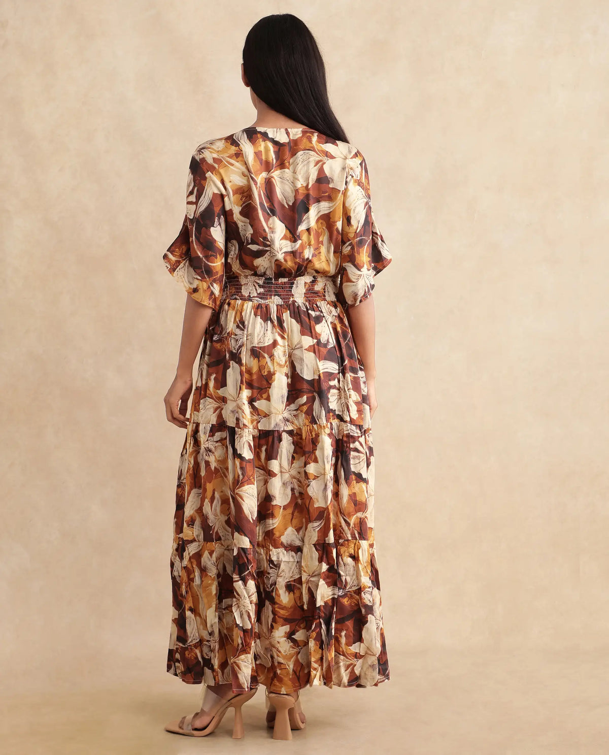 Rareism Women's Toluca Light Brown Cotton Blend V-Neck Abstract Print Bell Sleeve Midi Fit And Flare Dress