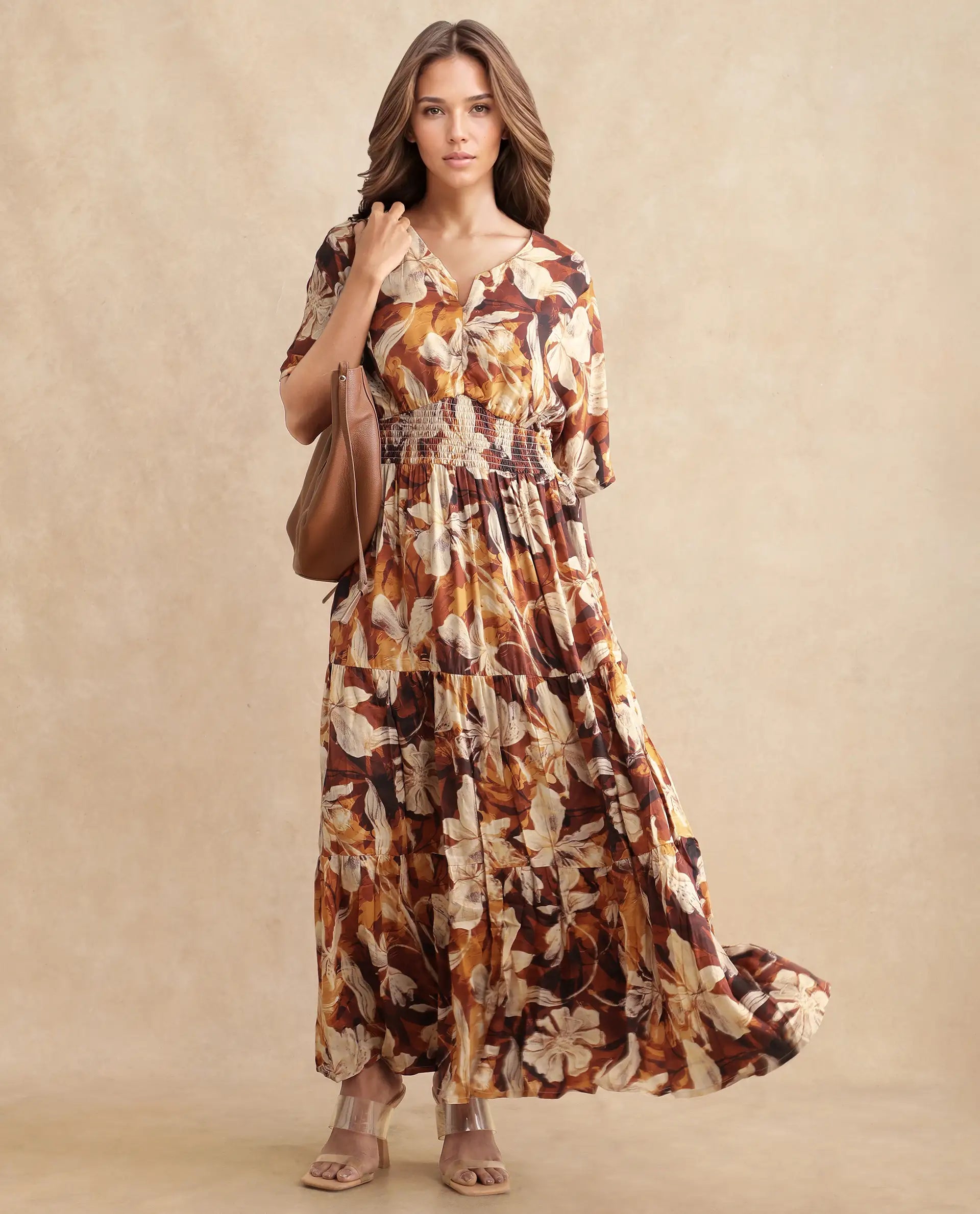 Rareism Women's Toluca Light Brown Cotton Blend V-Neck Abstract Print Bell Sleeve Midi Fit And Flare Dress