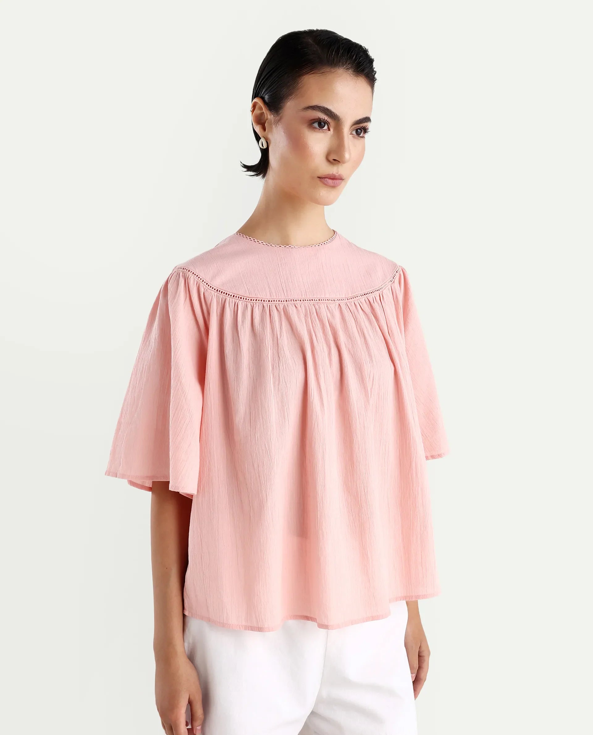Rareism Women's Tonala Light Pink Cotton Blend Crew Neck Plain Raglan Sleeve Relaxed Fit Top