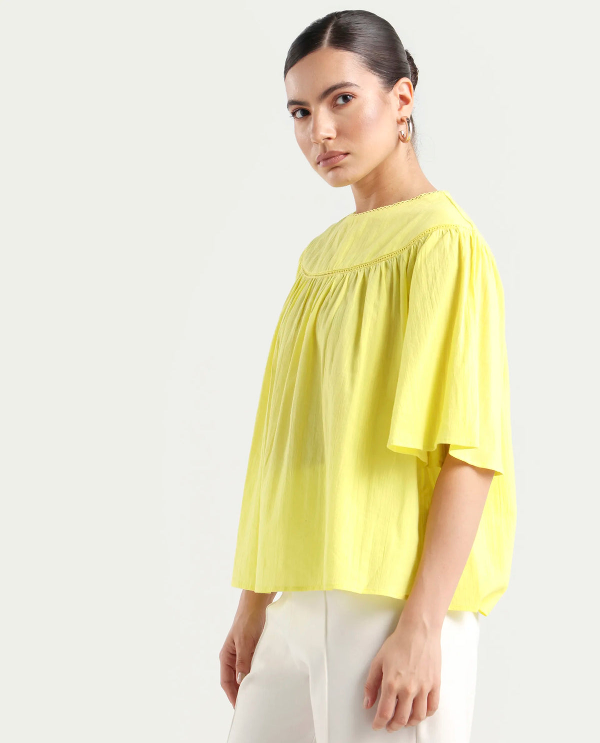 Rareism Women's Tonala Yellow Cotton Blend Crew Neck Plain Raglan Sleeve Relaxed Fit Top