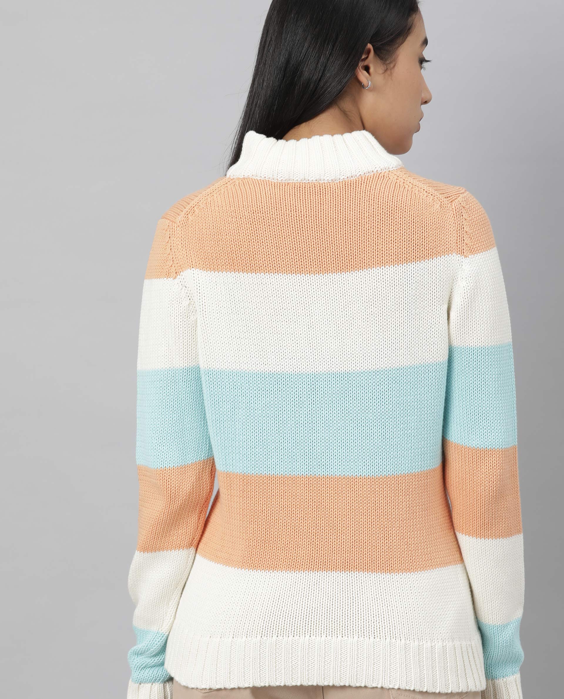 Rareism Women Tony Orange Full Sleeves Regular Fit Color Blocked Turtle Neck Sweater