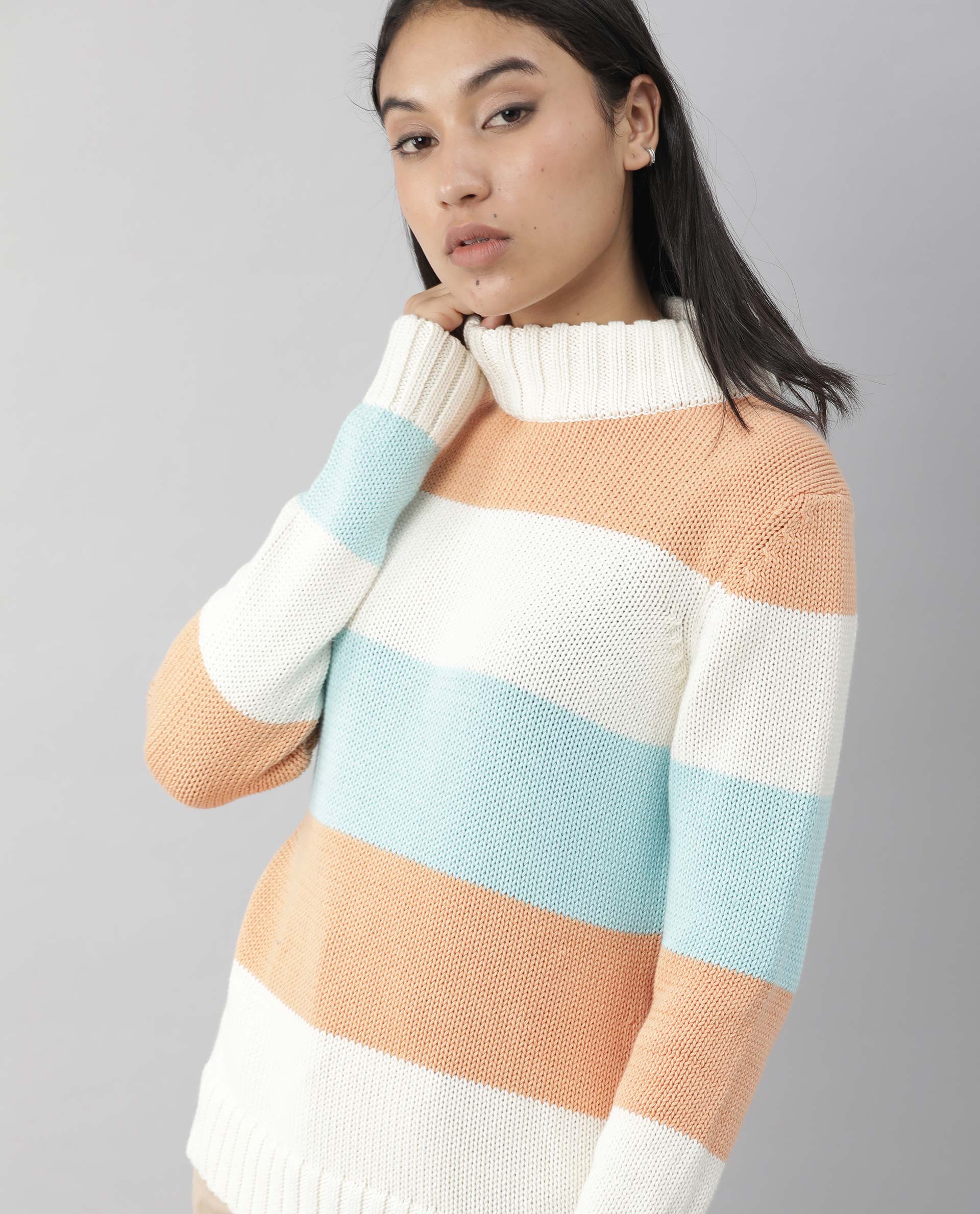Rareism Women Tony Orange Full Sleeves Regular Fit Color Blocked Turtle Neck Sweater