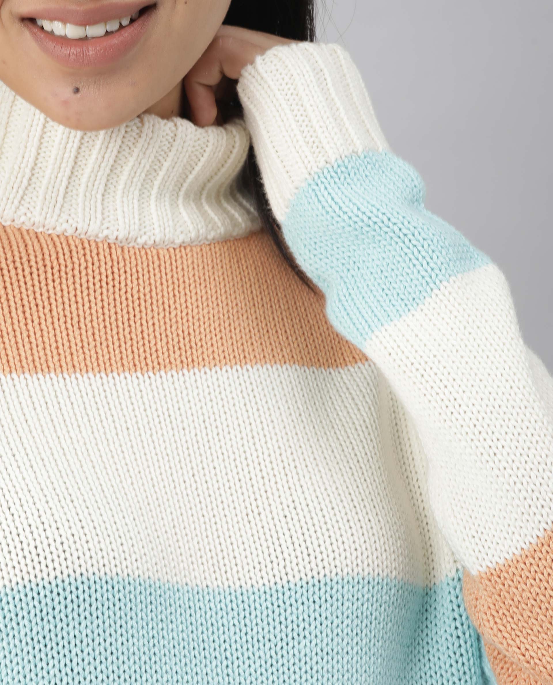 Rareism Women Tony Orange Full Sleeves Regular Fit Color Blocked Turtle Neck Sweater