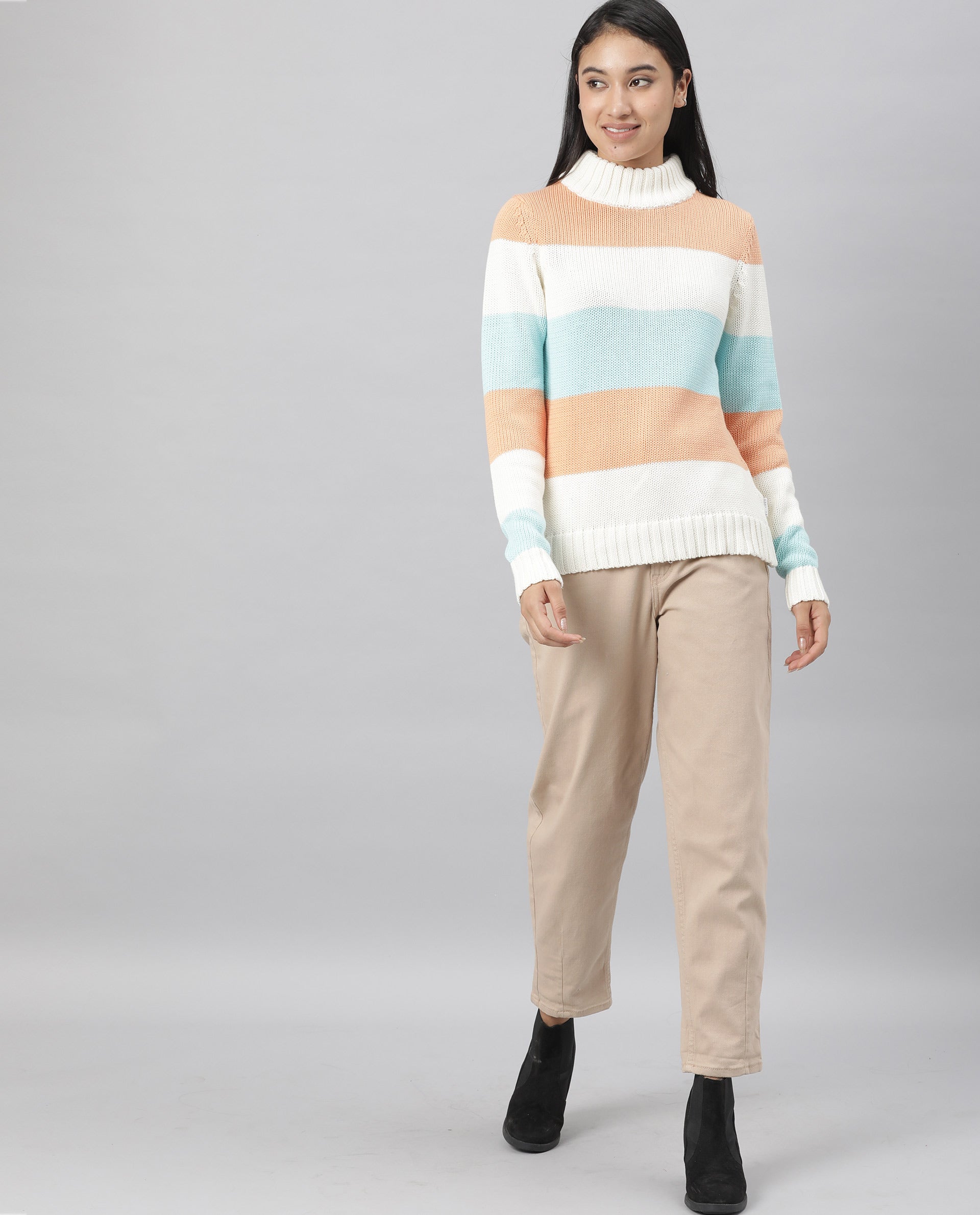 Rareism Women Tony Orange Full Sleeves Regular Fit Color Blocked Turtle Neck Sweater