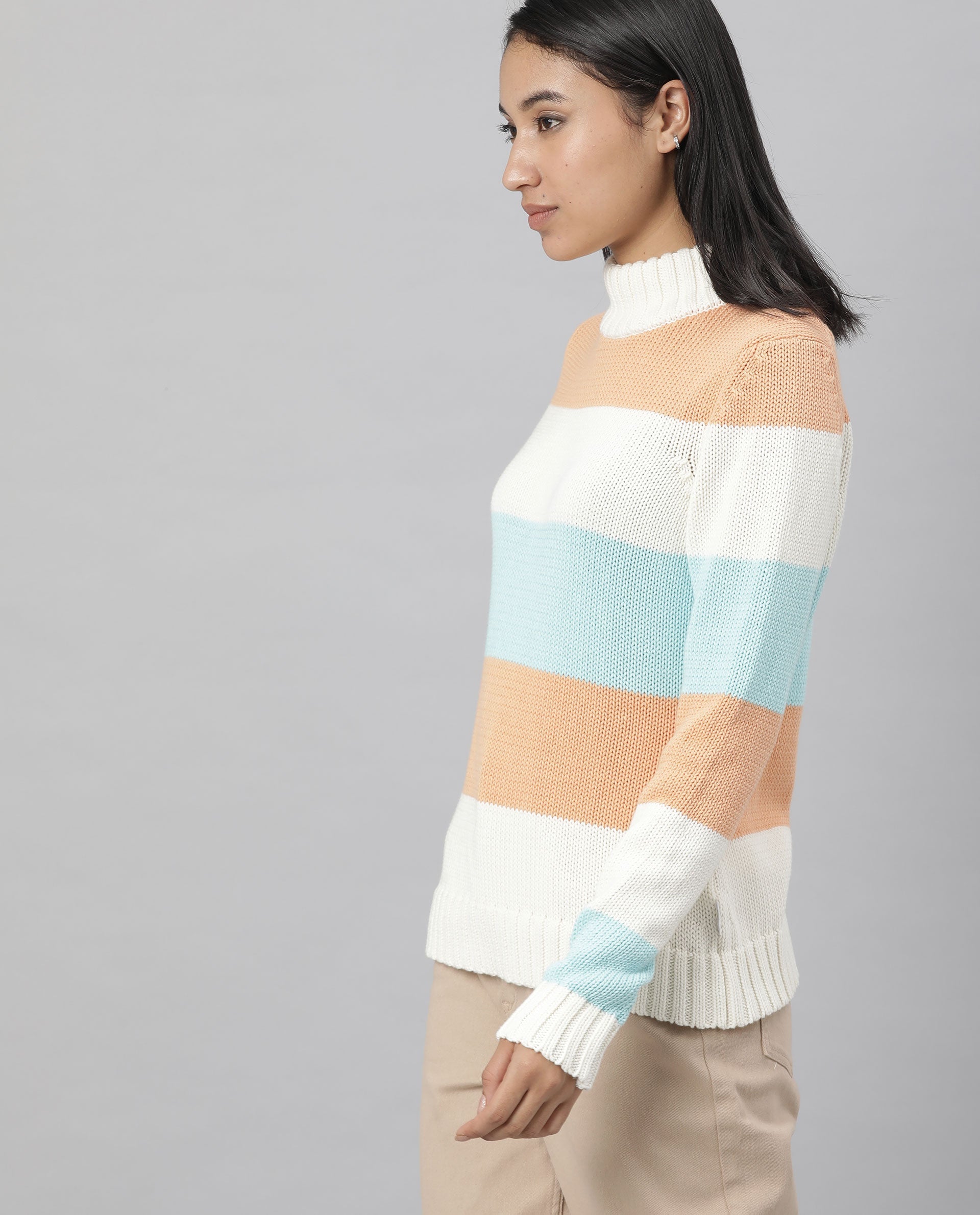 Rareism Women Tony Orange Full Sleeves Regular Fit Color Blocked Turtle Neck Sweater