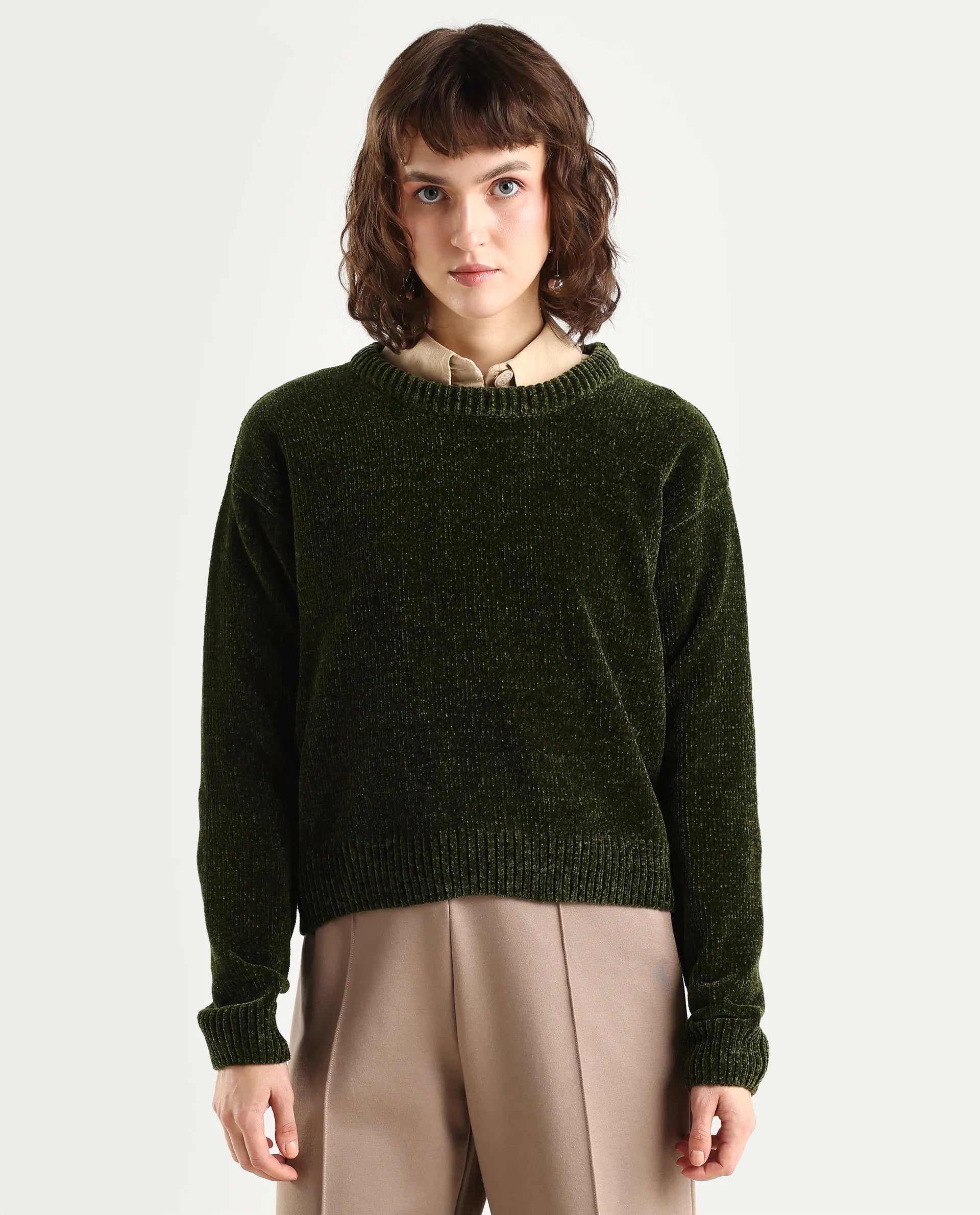 Rareism Women's Tosta Dark Olive Acrylic Crew Neck Relaxed Fit Plain Sweater