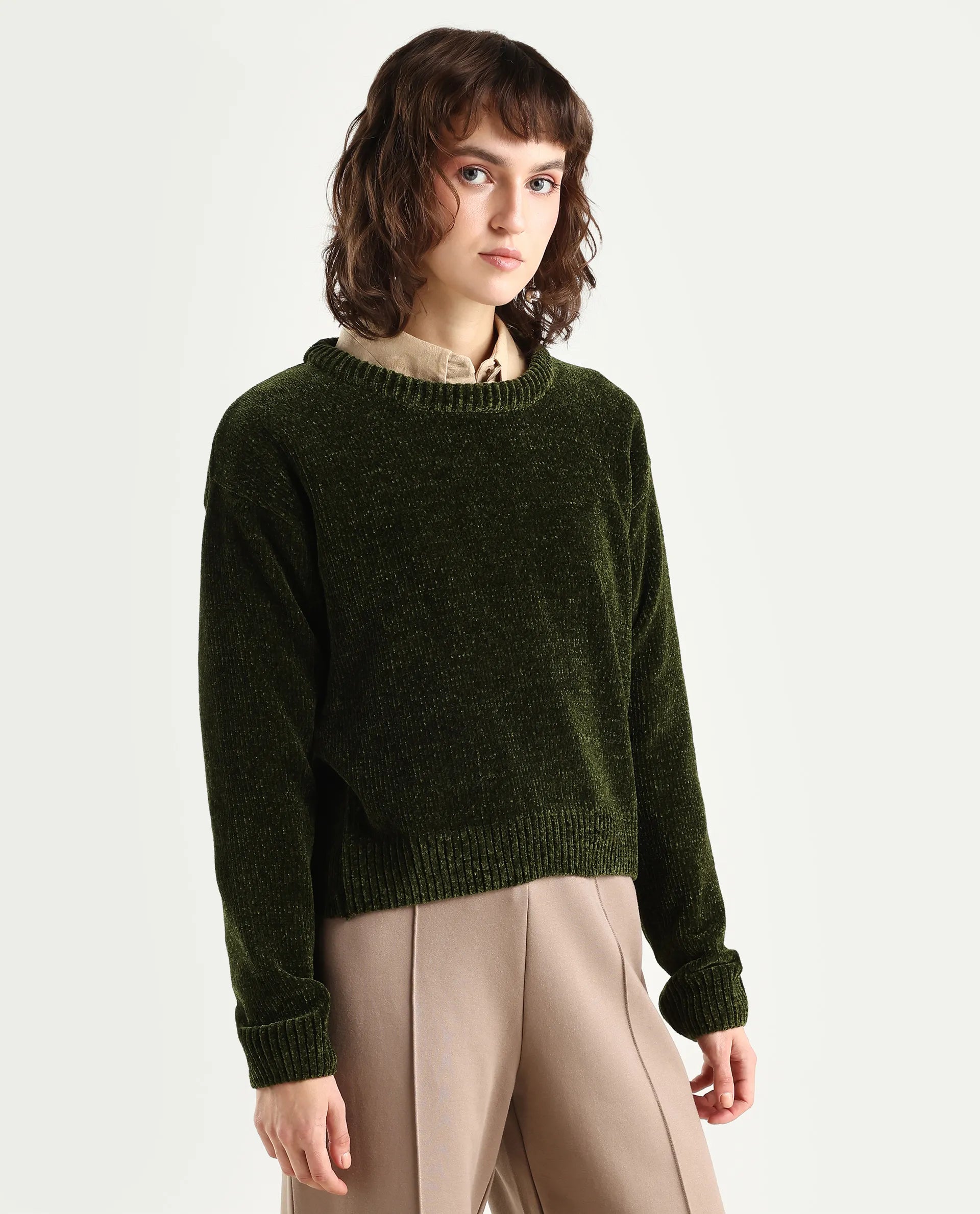 Rareism Women's Tosta Dark Olive Acrylic Crew Neck Relaxed Fit Plain Sweater