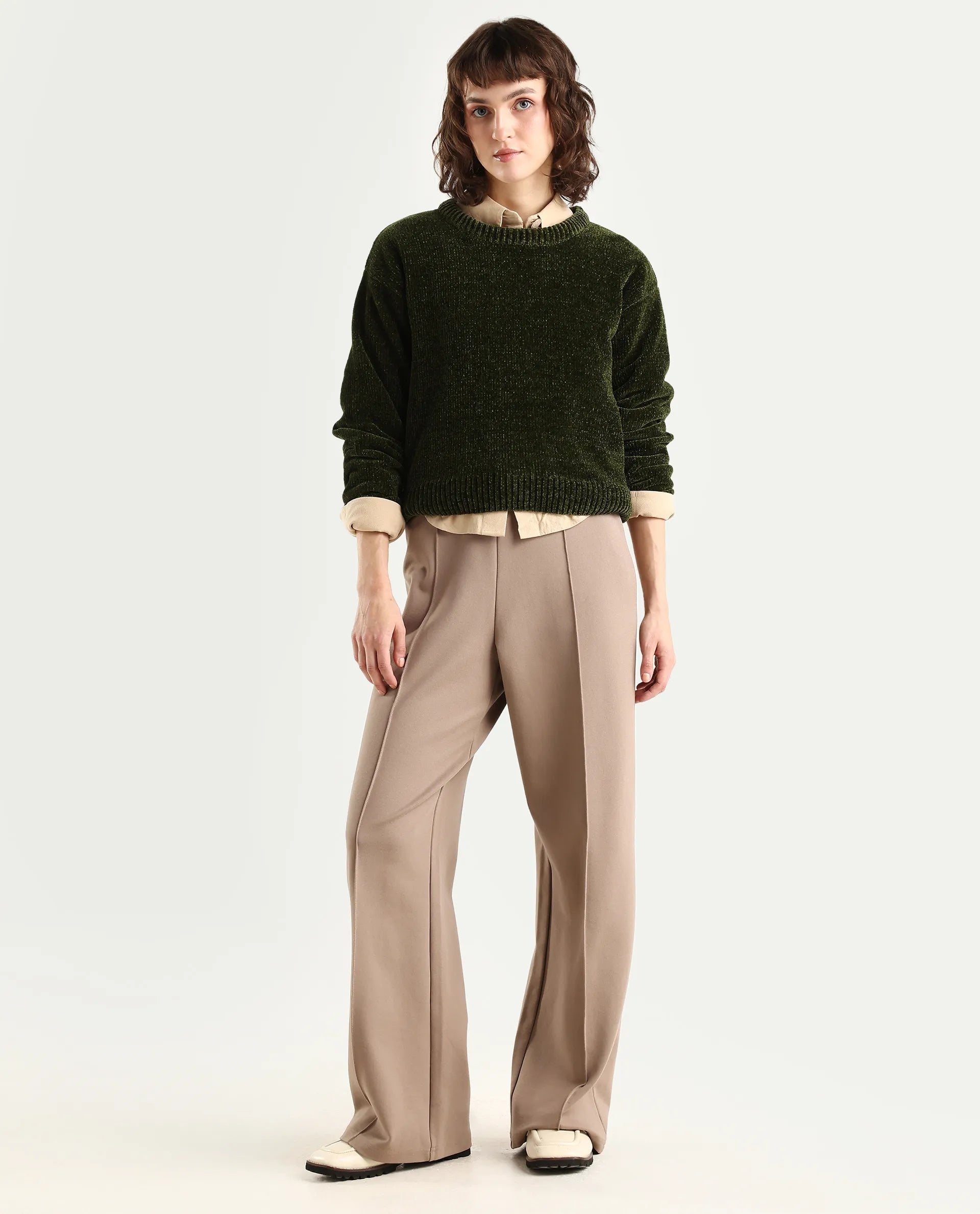 Rareism Women's Tosta Dark Olive Acrylic Crew Neck Relaxed Fit Plain Sweater