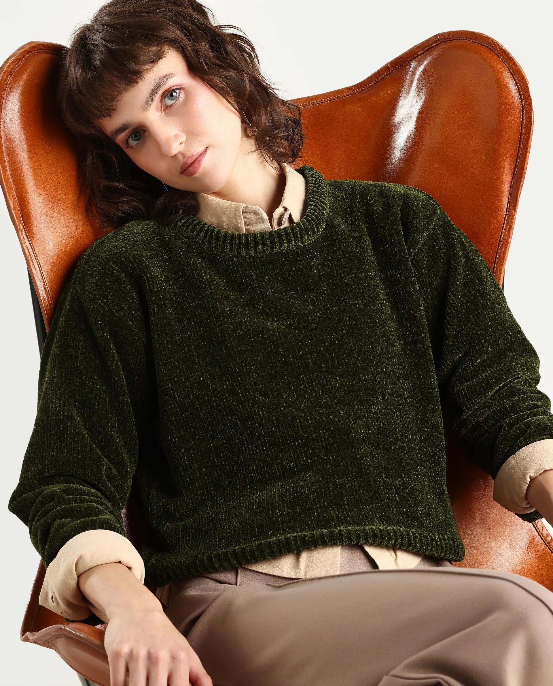 Rareism Women's Tosta Dark Olive Acrylic Crew Neck Relaxed Fit Plain Sweater