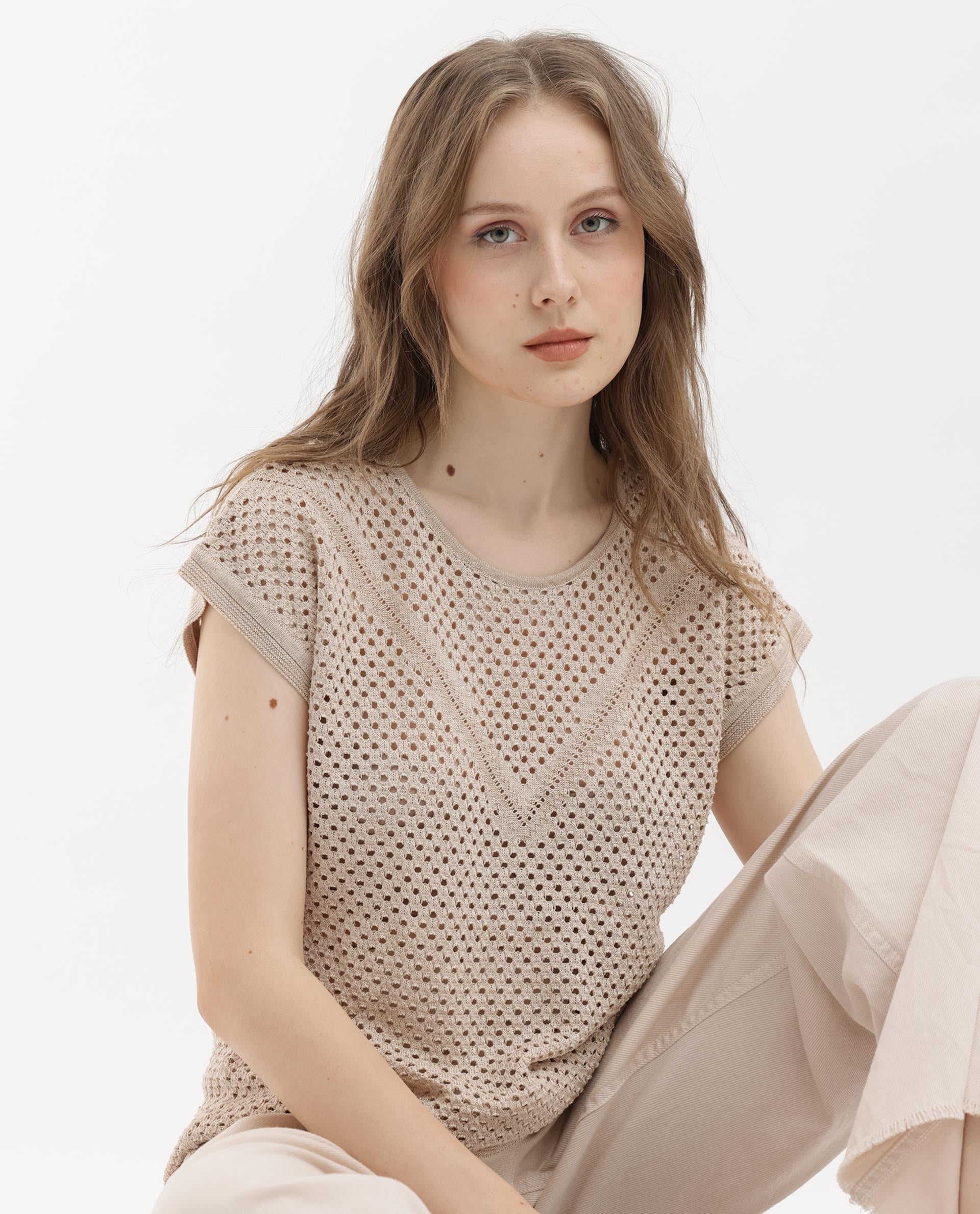 Rareism Women Totoro Gold Cotton Fabric Short Sleeves Round Neck Extended Sleeve Regular Fit Plain Top