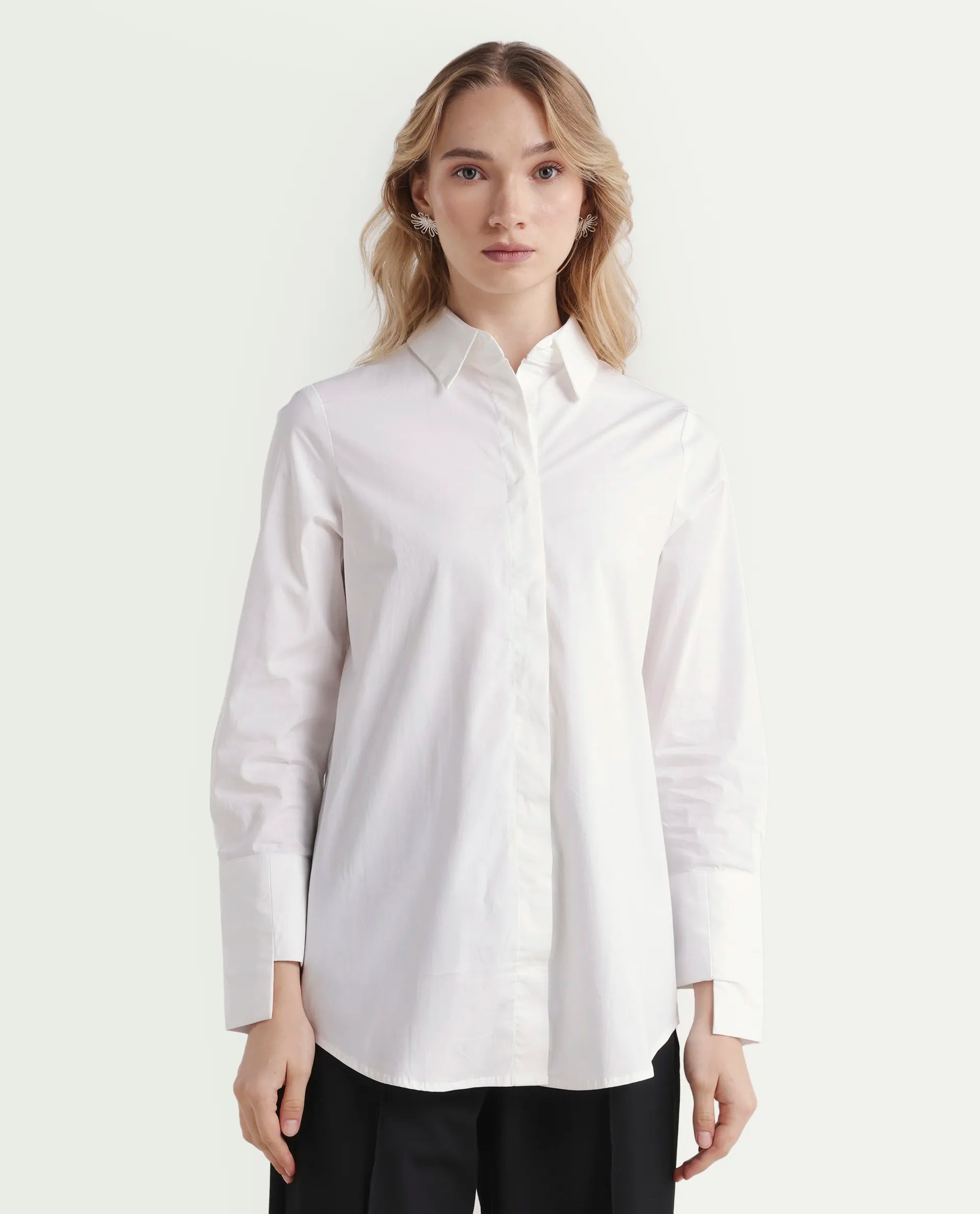 Rareism Women's Tottori White Drop Collar Plain Cuffed Sleeve Relaxed Fit Shirt