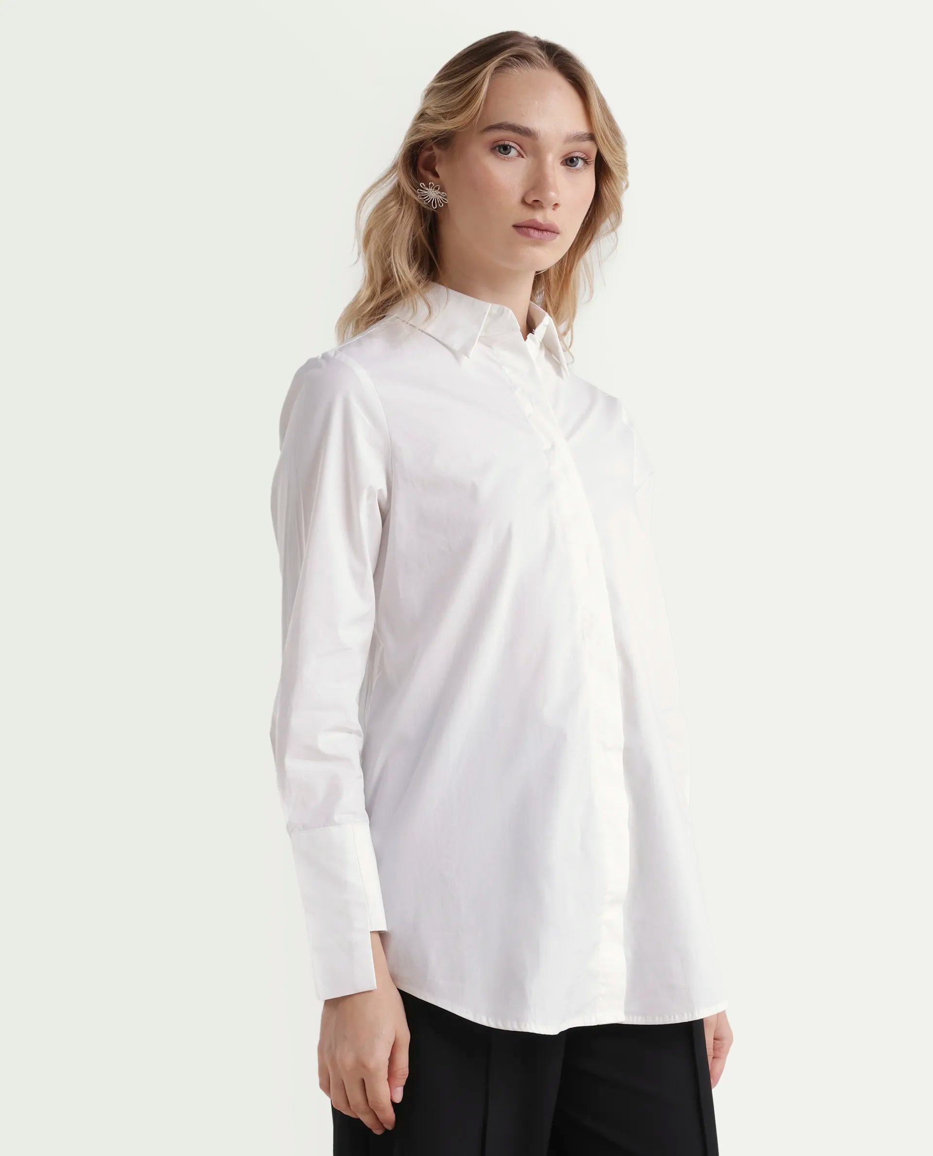 Rareism Women's Tottori White Drop Collar Plain Cuffed Sleeve Relaxed Fit Shirt