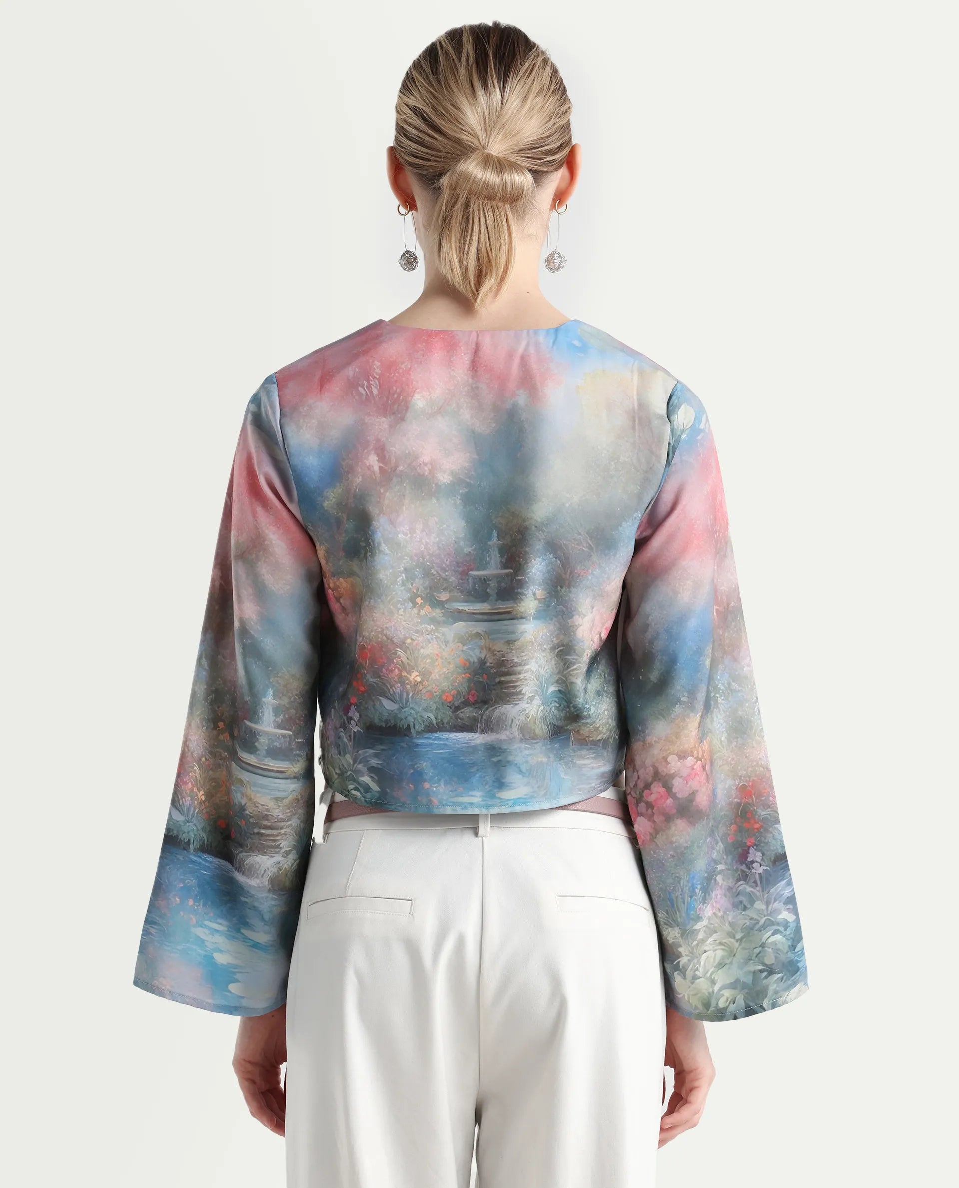 Rareism Women's Toulon Multi Satin V-Neck Abstract Print Bell Sleeve Crop Regular Fit Top