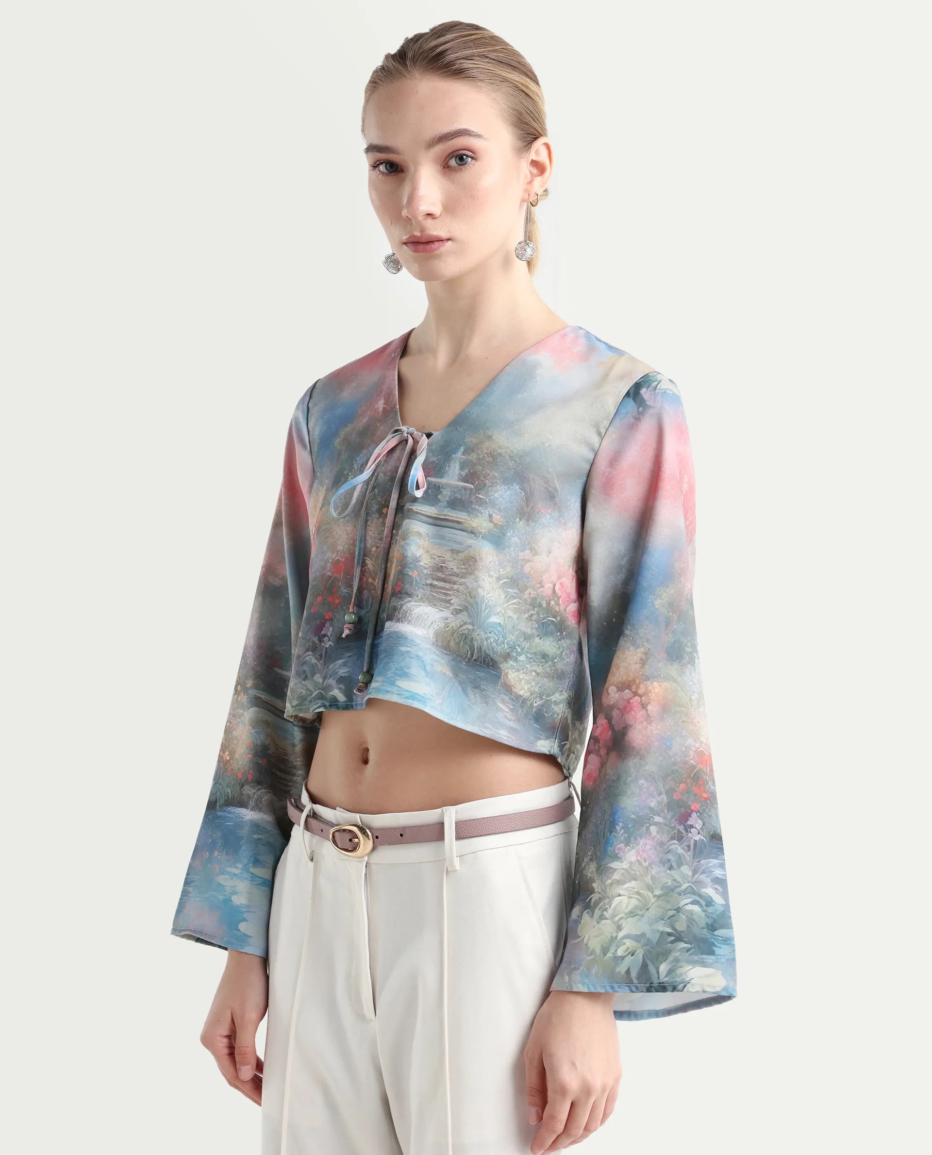 Rareism Women's Toulon Multi Satin V-Neck Abstract Print Bell Sleeve Crop Regular Fit Top