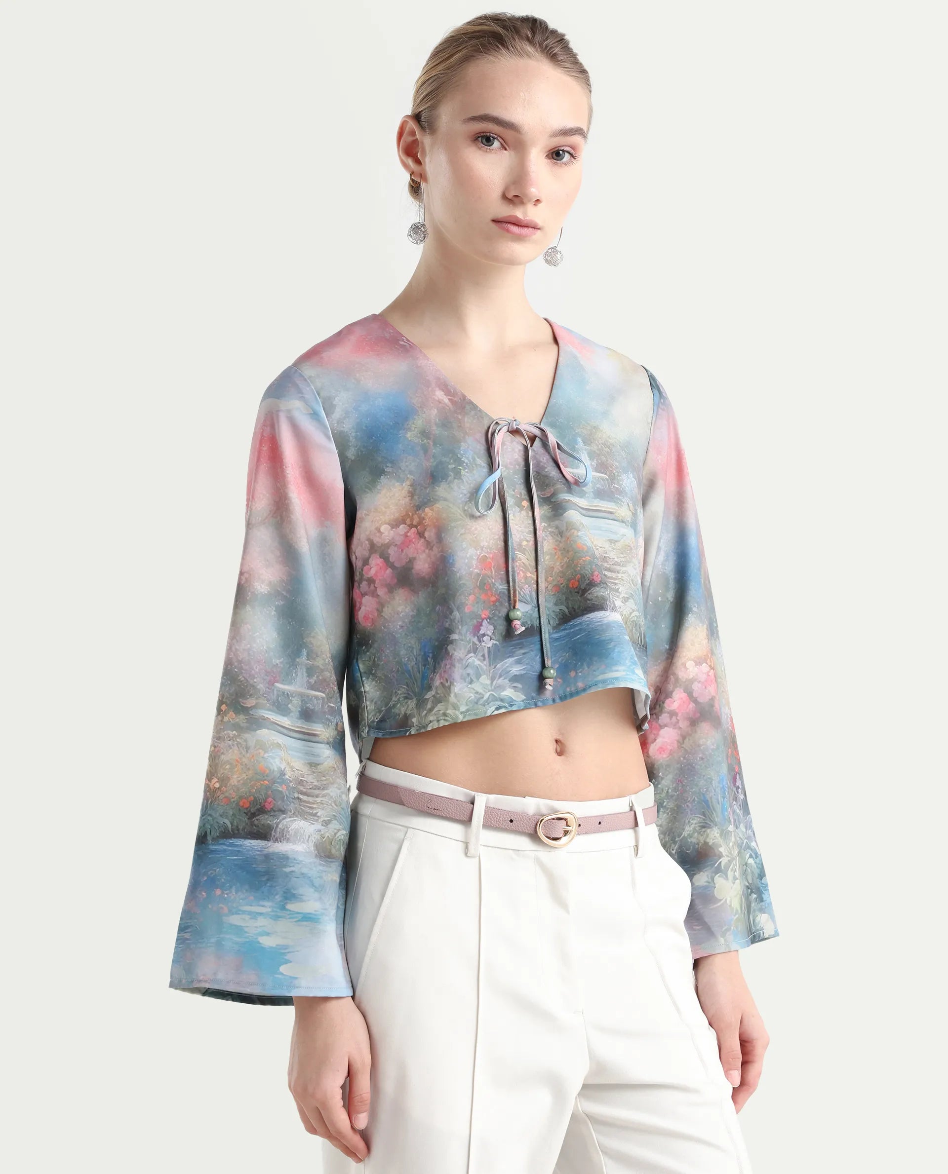 Rareism Women's Toulon Multi Satin V-Neck Abstract Print Bell Sleeve Crop Regular Fit Top