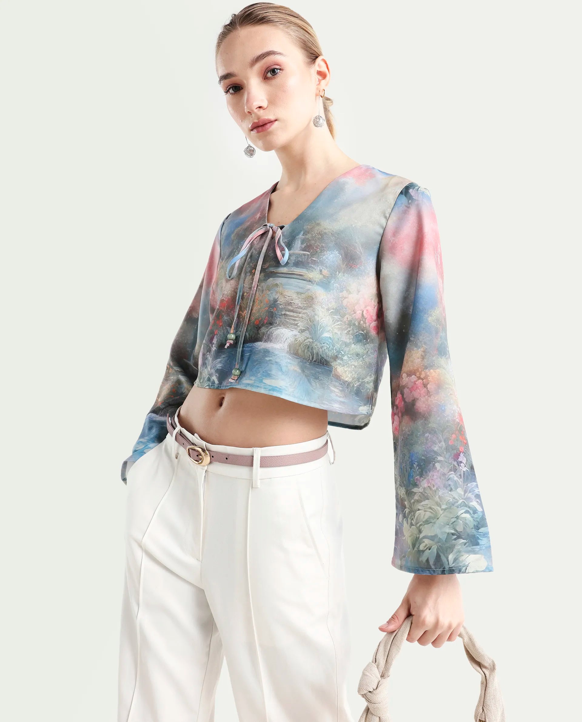 Rareism Women's Toulon Multi Satin V-Neck Abstract Print Bell Sleeve Crop Regular Fit Top