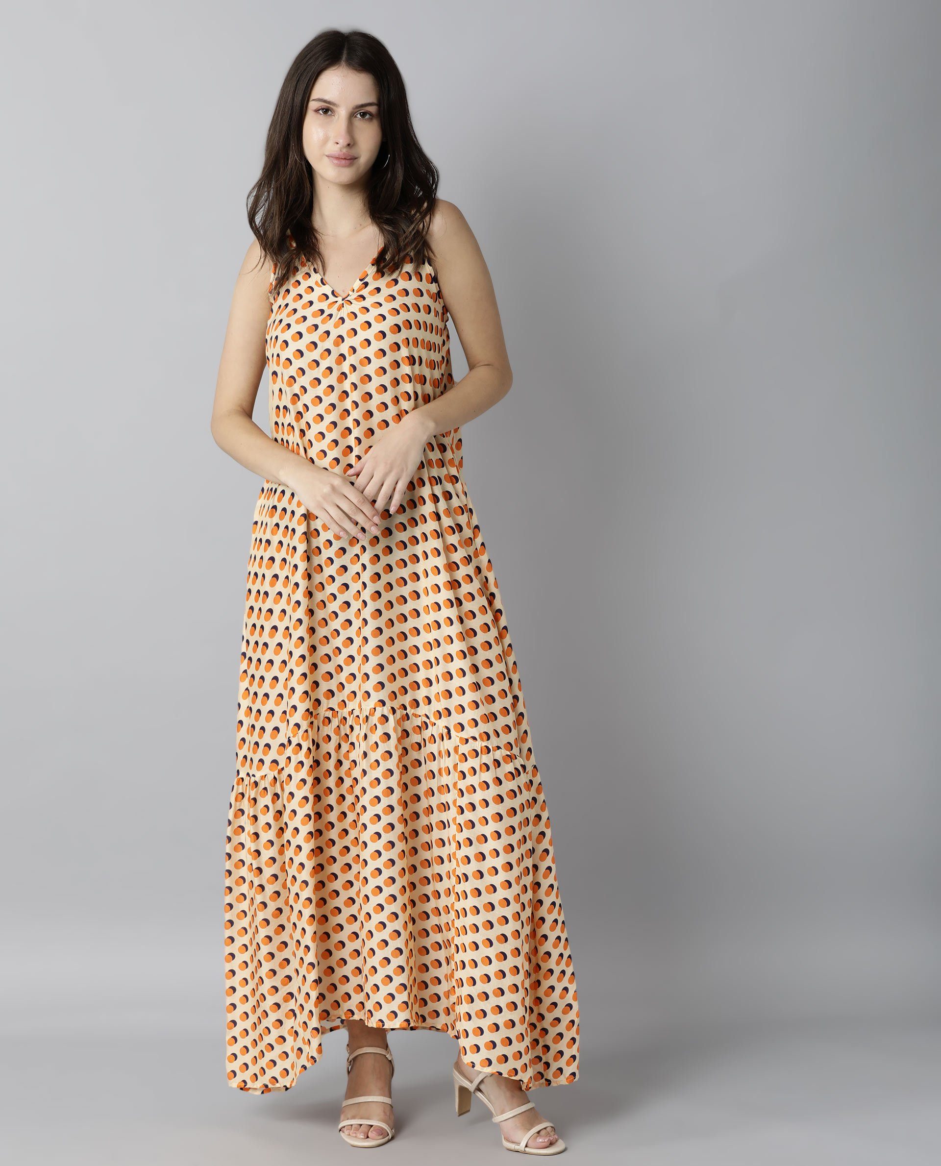 Rareism Women Tou Orange Dress Sleeveless Printed