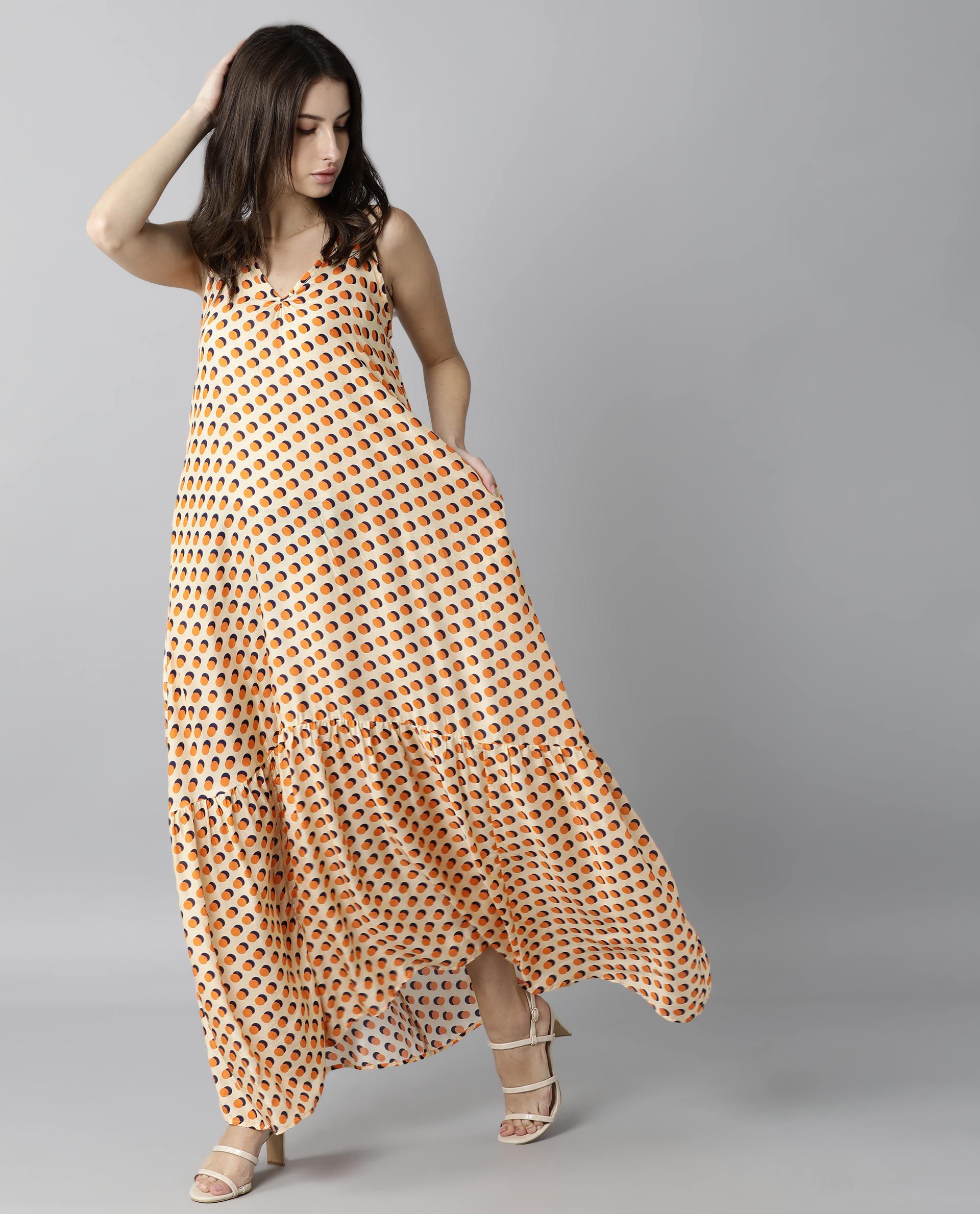 Rareism Women Tou Orange Dress Sleeveless Printed
