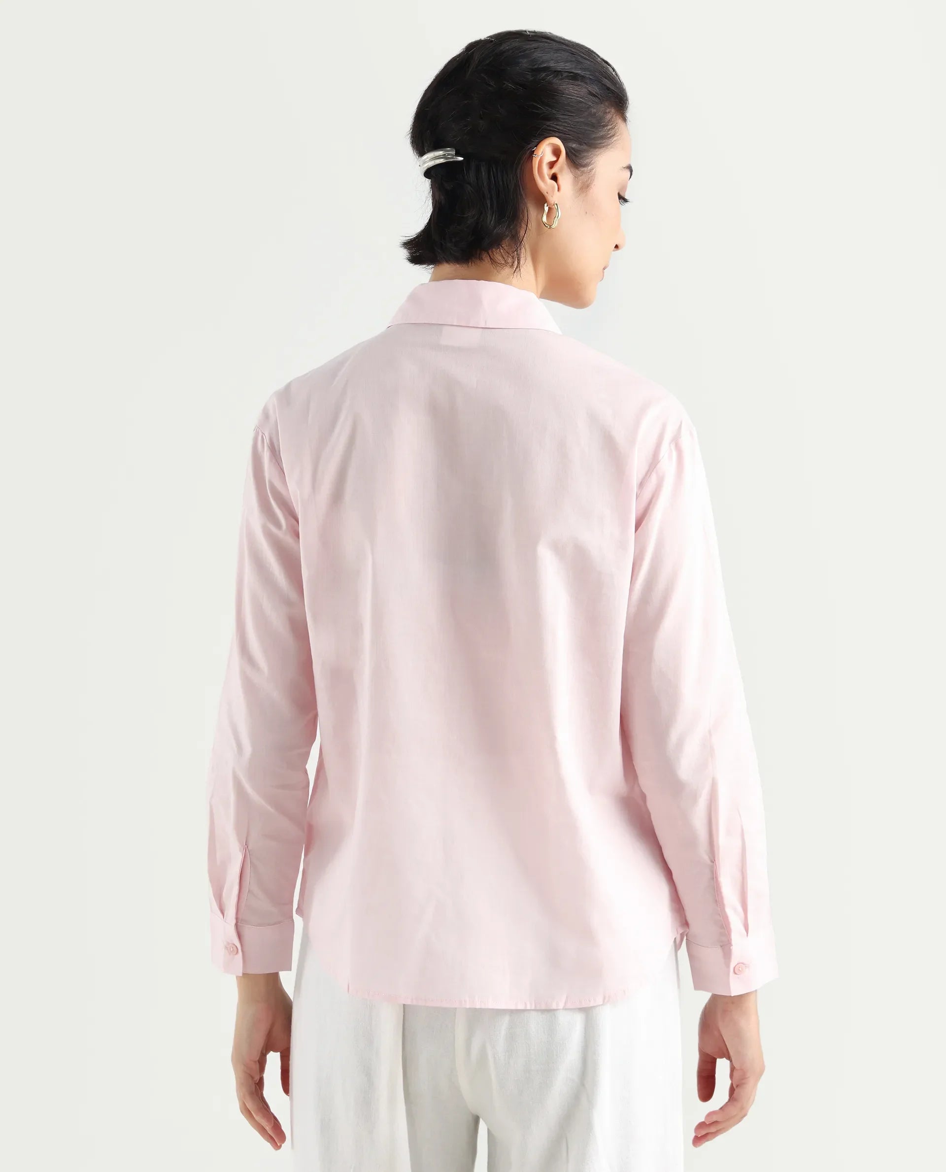 Rareism Women's Towol Light Pink Cotton Spread Collar Plain Cuffed Sleeve Relaxed Fit Top