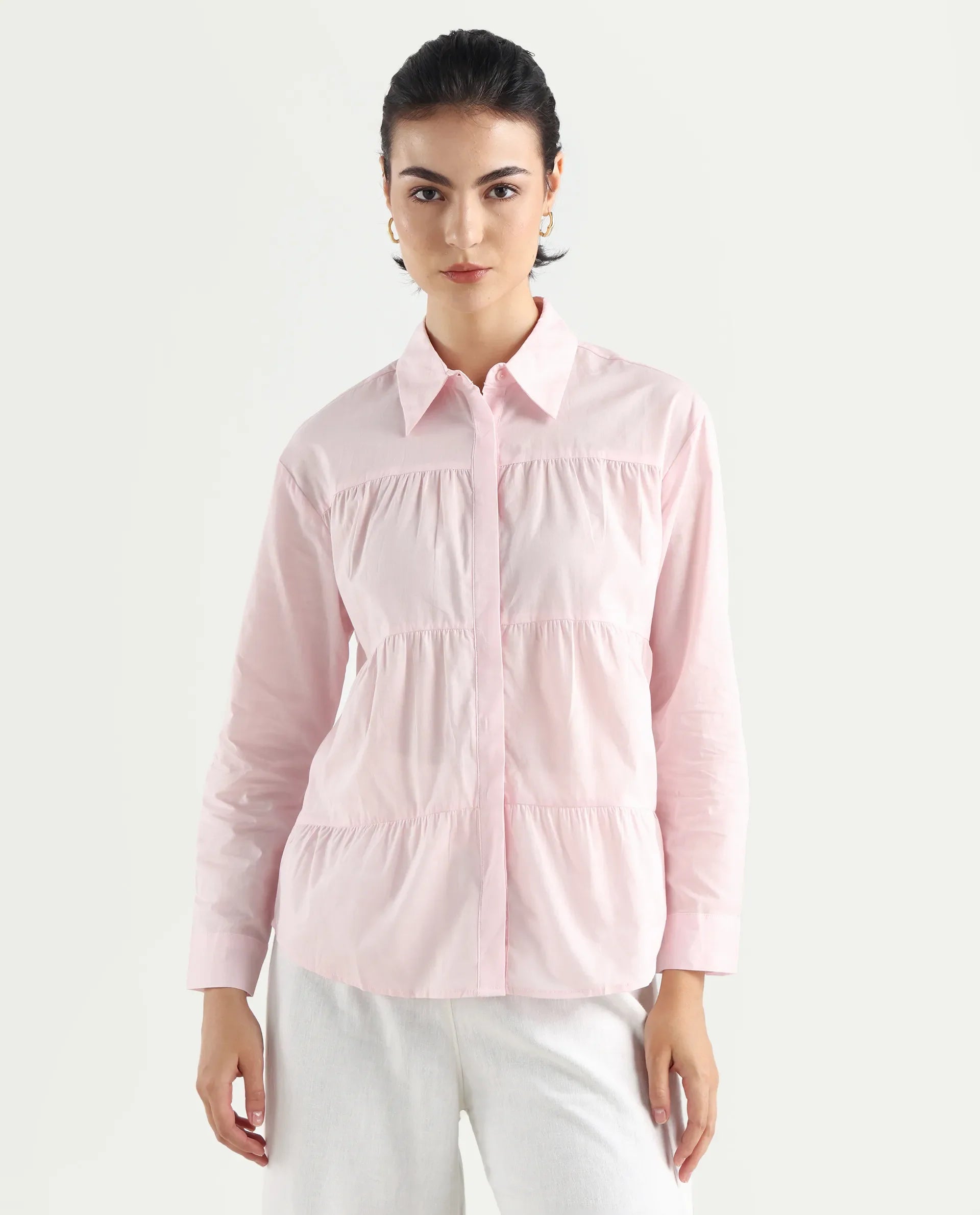 Rareism Women's Towol Light Pink Cotton Spread Collar Plain Cuffed Sleeve Relaxed Fit Top