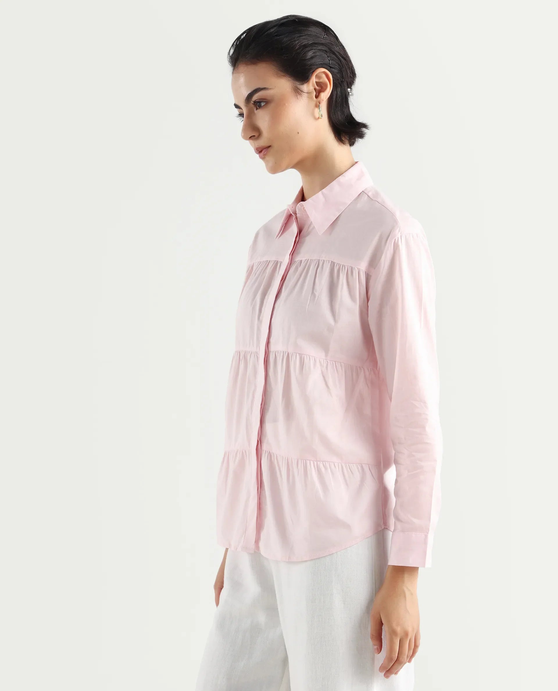 Rareism Women's Towol Light Pink Cotton Spread Collar Plain Cuffed Sleeve Relaxed Fit Top