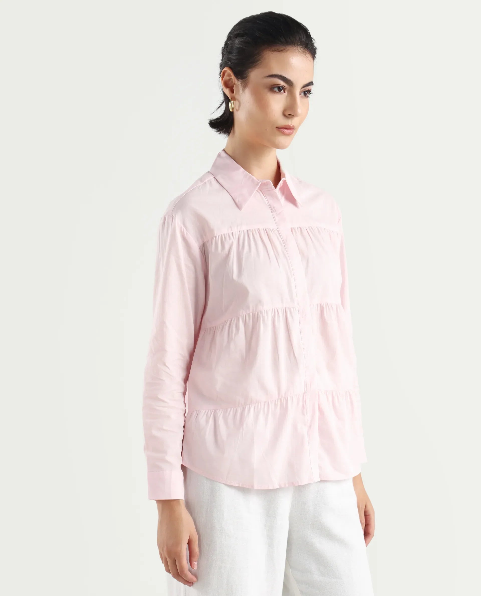 Rareism Women's Towol Light Pink Cotton Spread Collar Plain Cuffed Sleeve Relaxed Fit Top