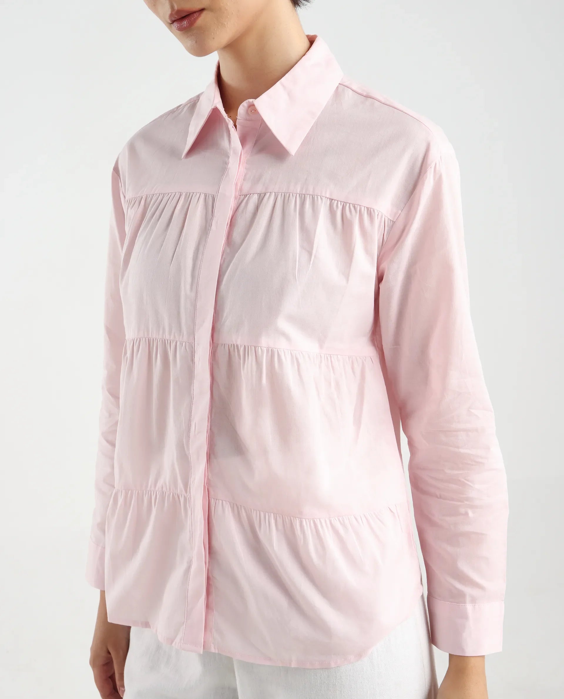 Rareism Women's Towol Light Pink Cotton Spread Collar Plain Cuffed Sleeve Relaxed Fit Top