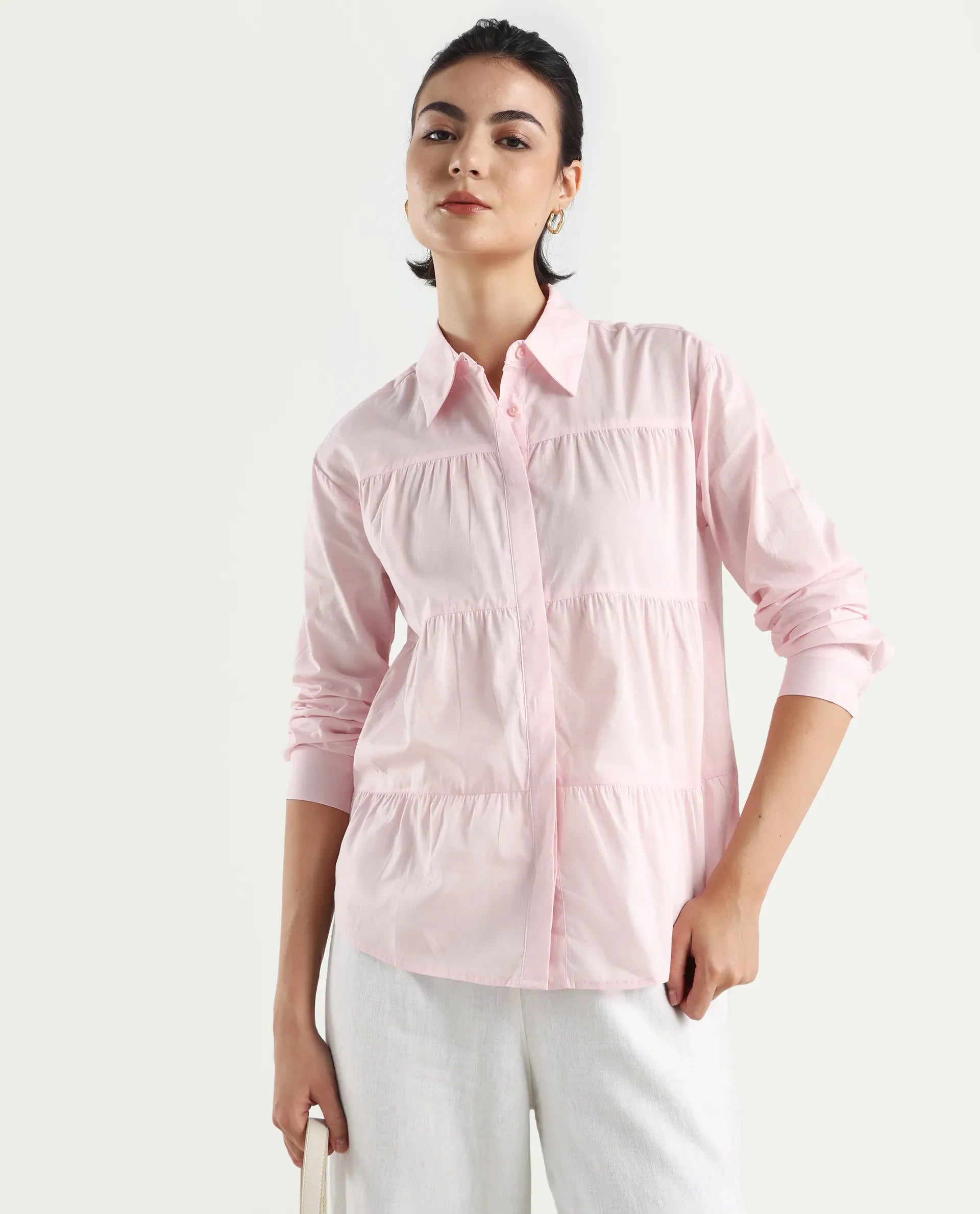 Rareism Women's Towol Light Pink Cotton Spread Collar Plain Cuffed Sleeve Relaxed Fit Top