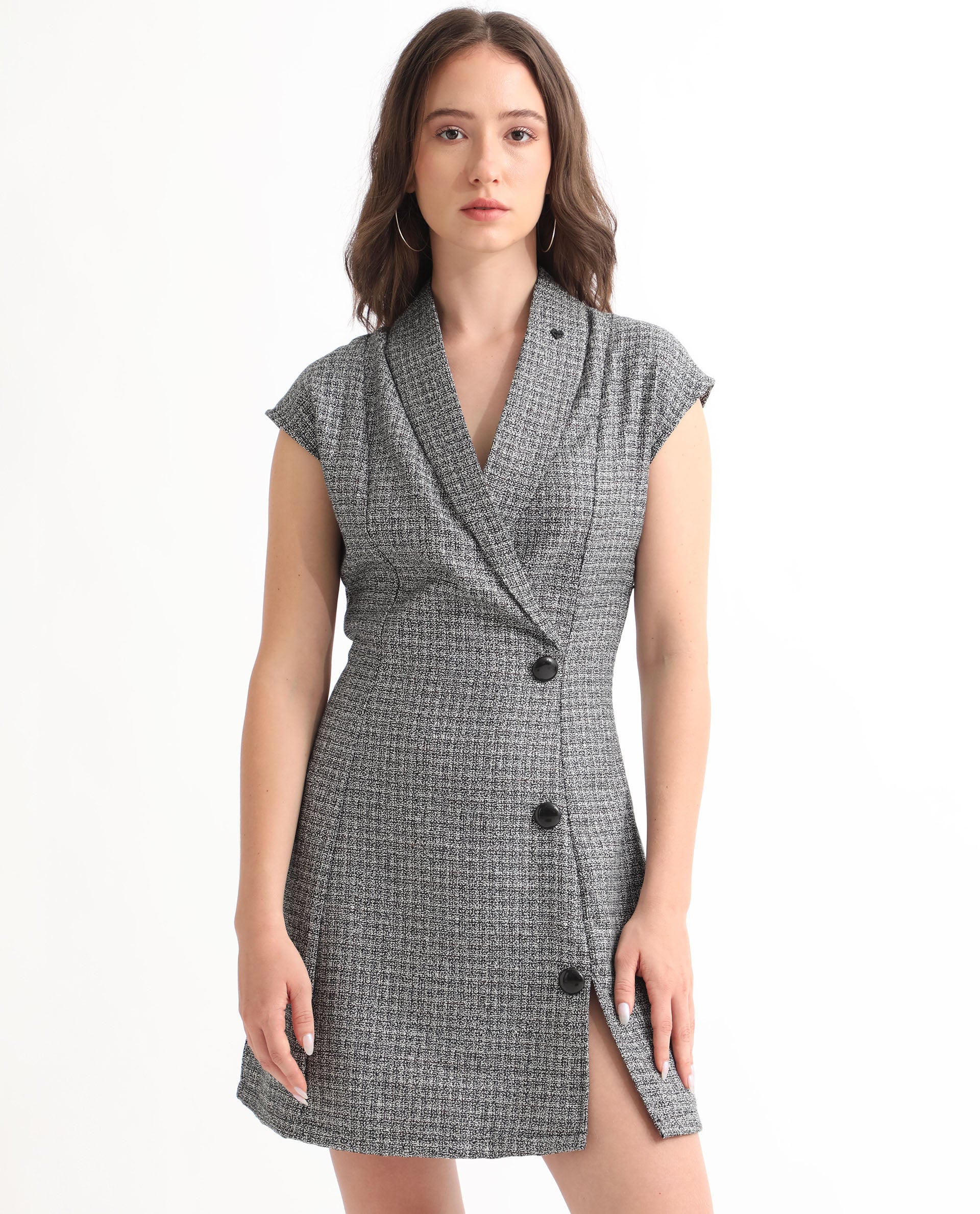Rareism Women Trafaluc Black Check Print Lapel Collar Extended Short Sleeves Overlap With Buttons Mini Dress