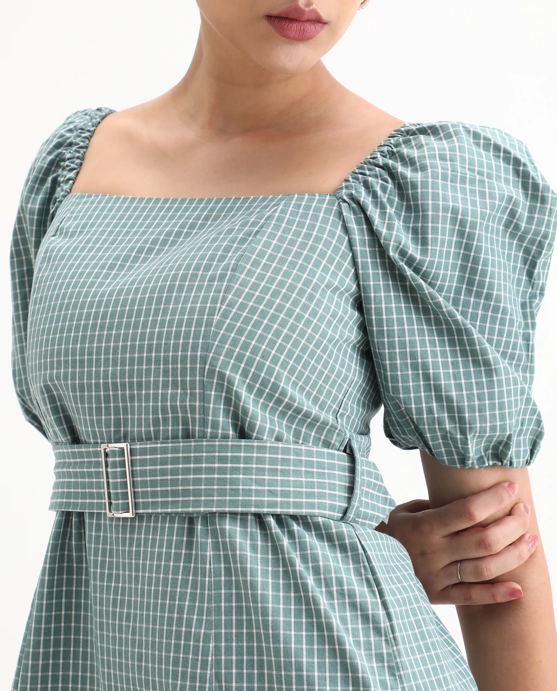 Rareism Women's Train Green Linen Square Neck Checked Puff Sleeves Mini Slim Fit Dress