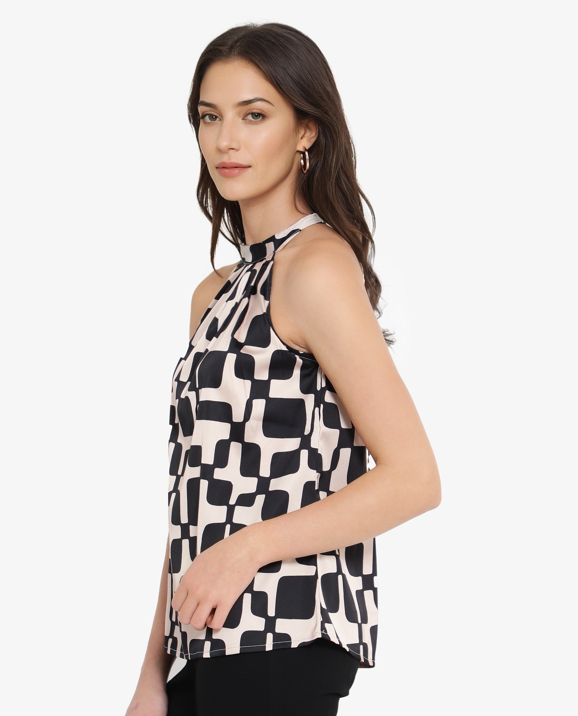 Rareism Women's Trapani Black Satin Halter Neck Abstract Print Sleeveless Regular Fit Top