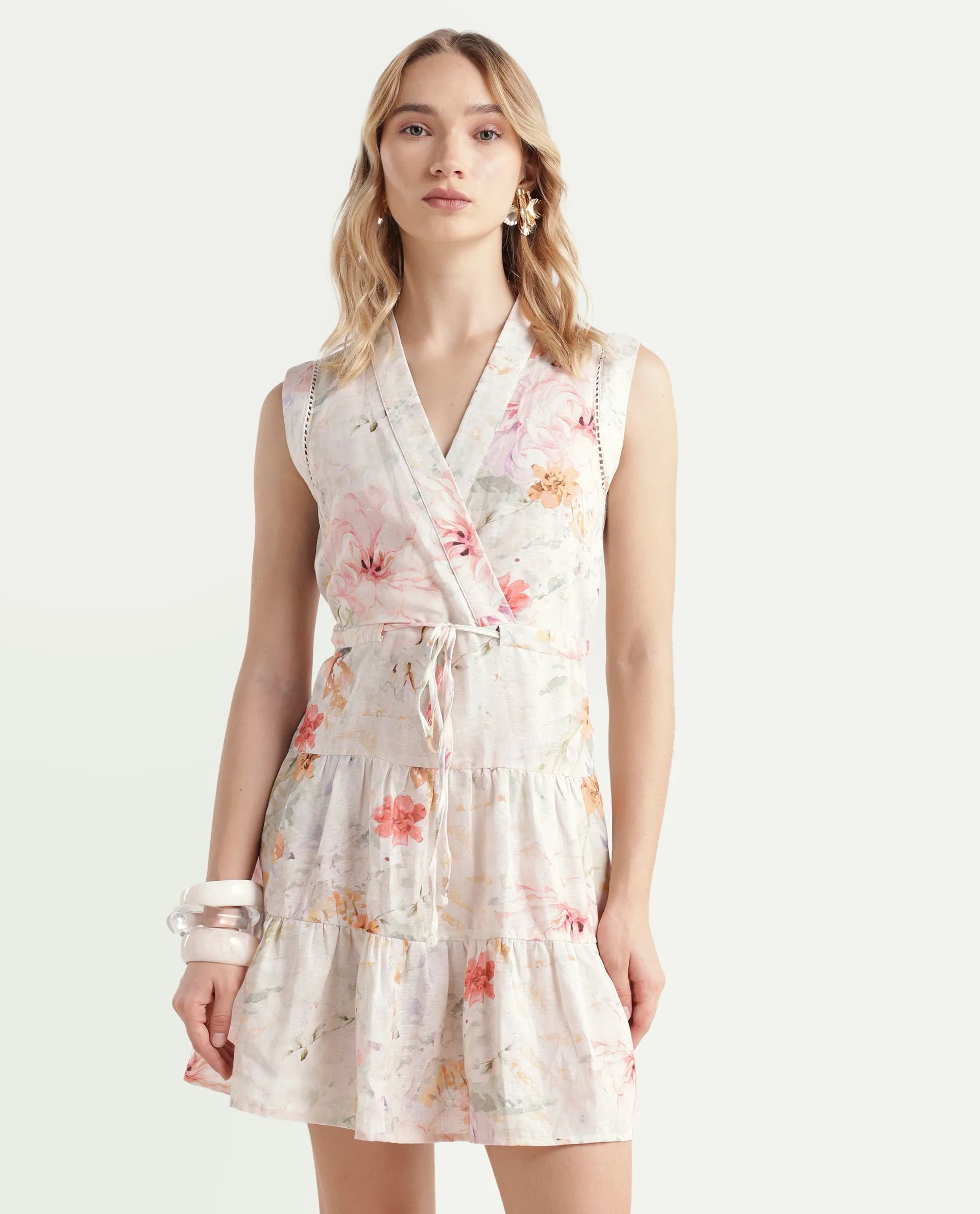 Rareism Women's Trazo Multi Cotton Blend Overlap Neck Floral Print Sleeveless Mini Fit And Flare Dress