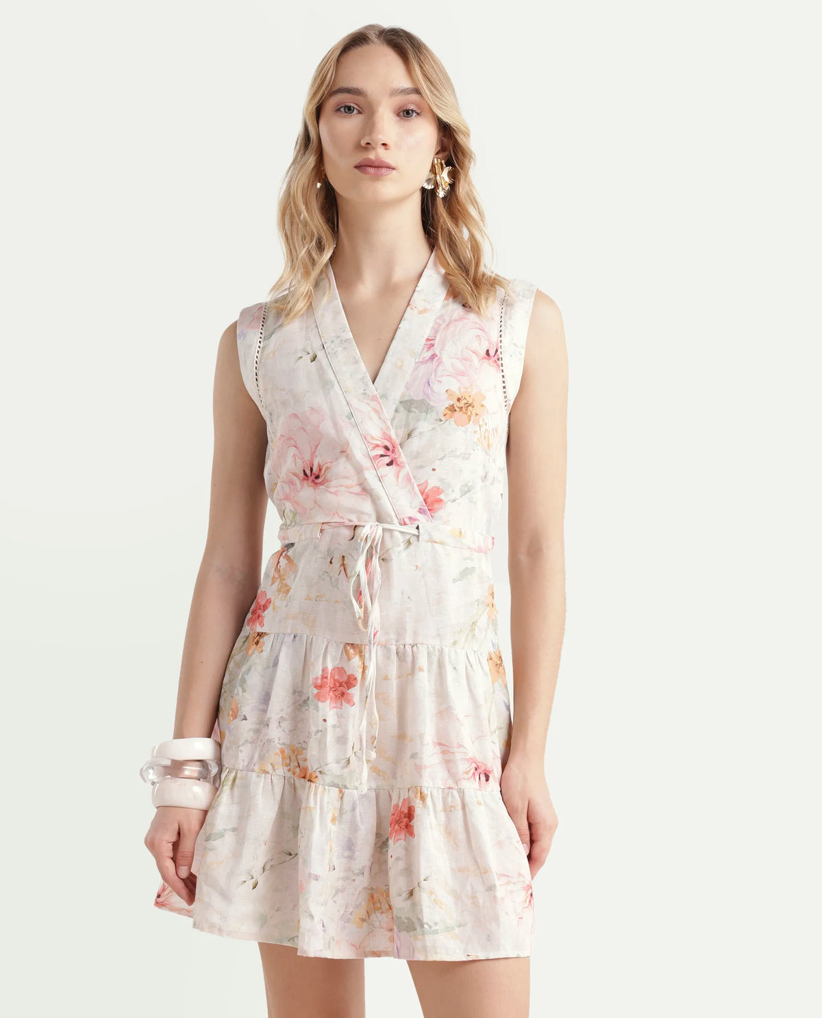Rareism Women's Trazo Multi Cotton Blend Overlap Neck Floral Print Sleeveless Mini Fit And Flare Dress