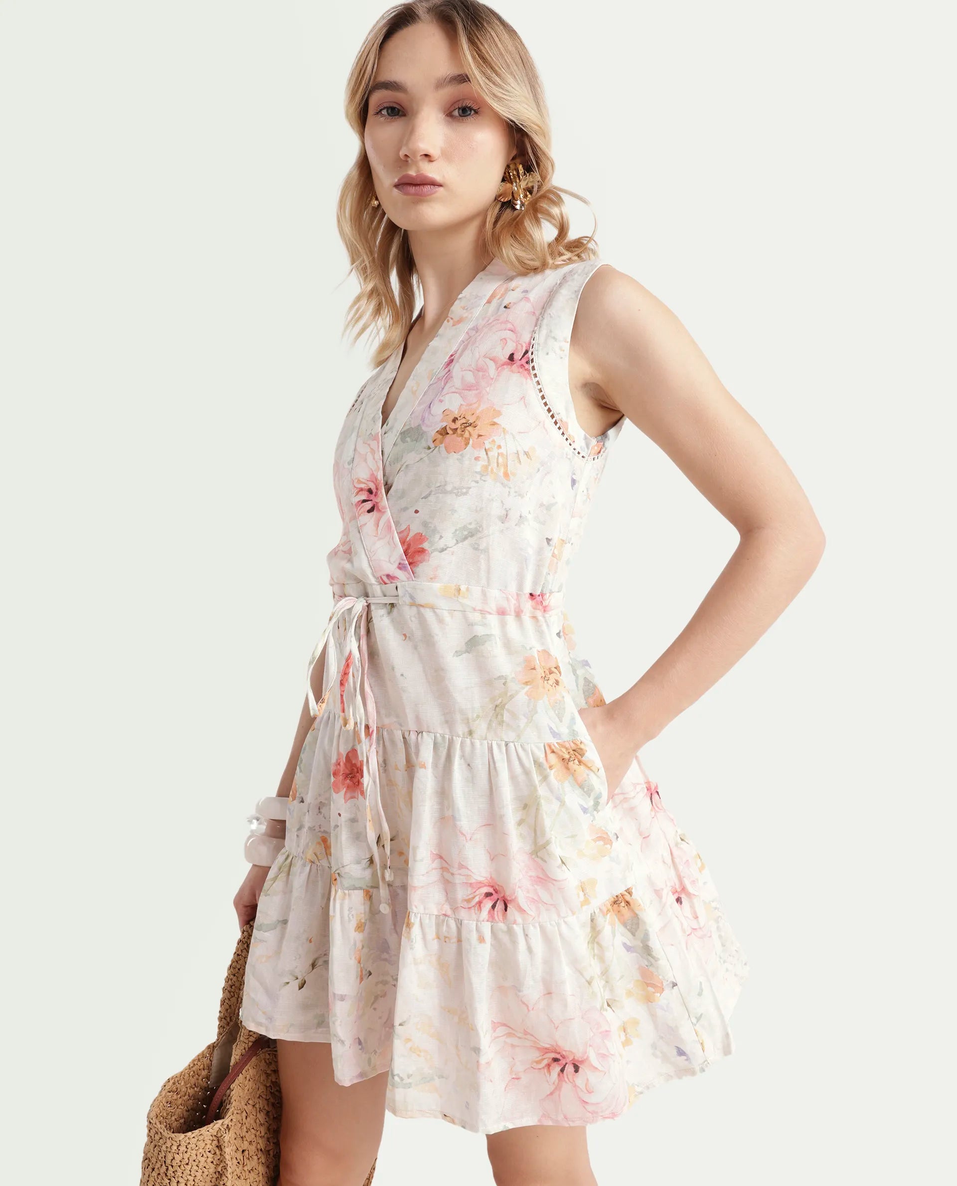 Rareism Women's Trazo Multi Cotton Blend Overlap Neck Floral Print Sleeveless Mini Fit And Flare Dress