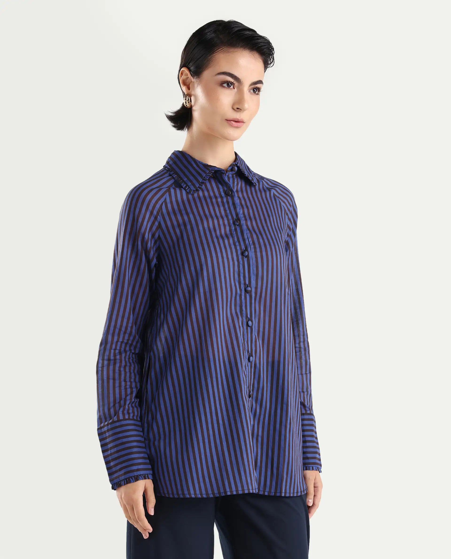 Rareism Women's Treasure Blue Cotton Spread Collar Striped Relaxed Fit Shirt