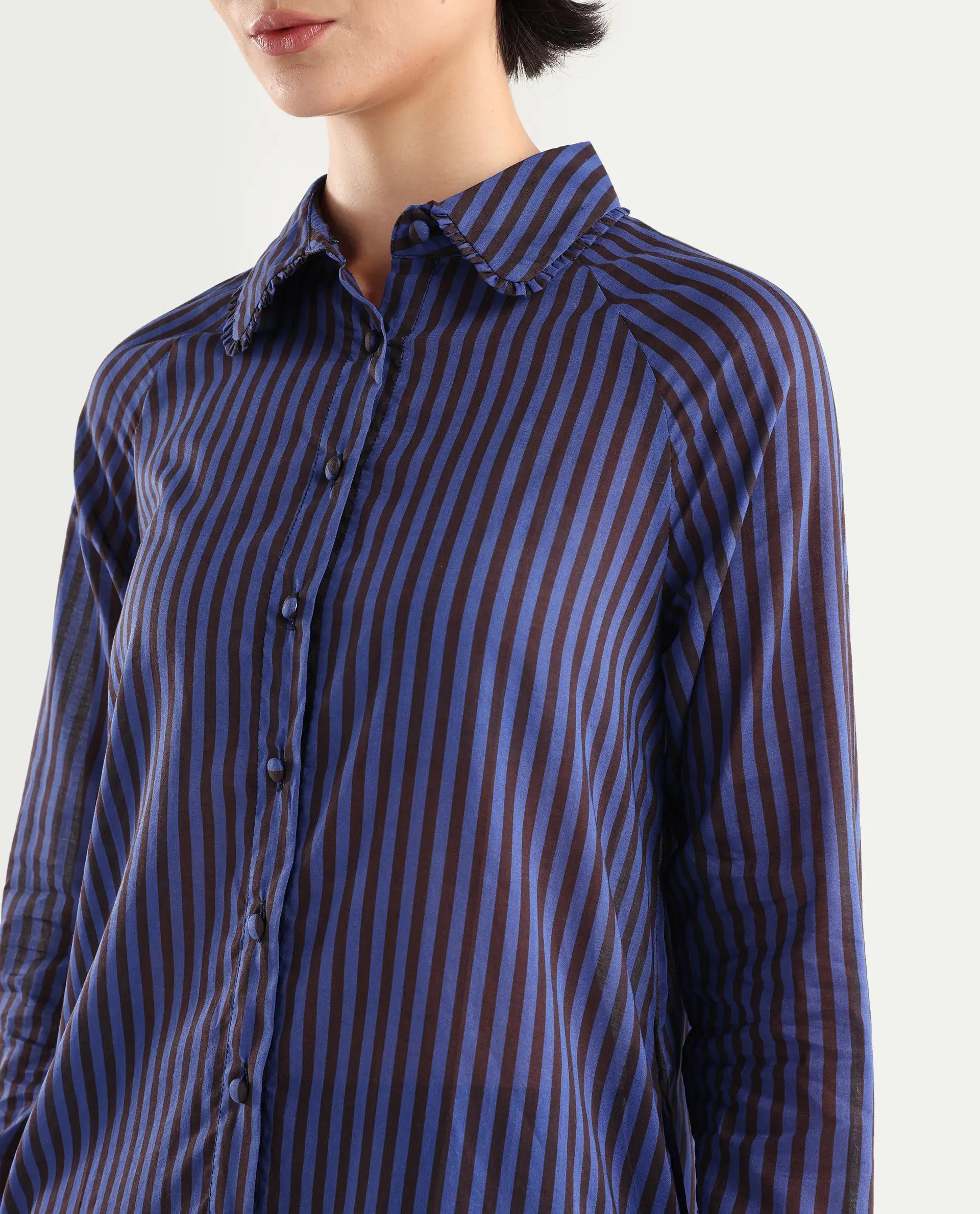 Rareism Women's Treasure Blue Cotton Spread Collar Striped Relaxed Fit Shirt