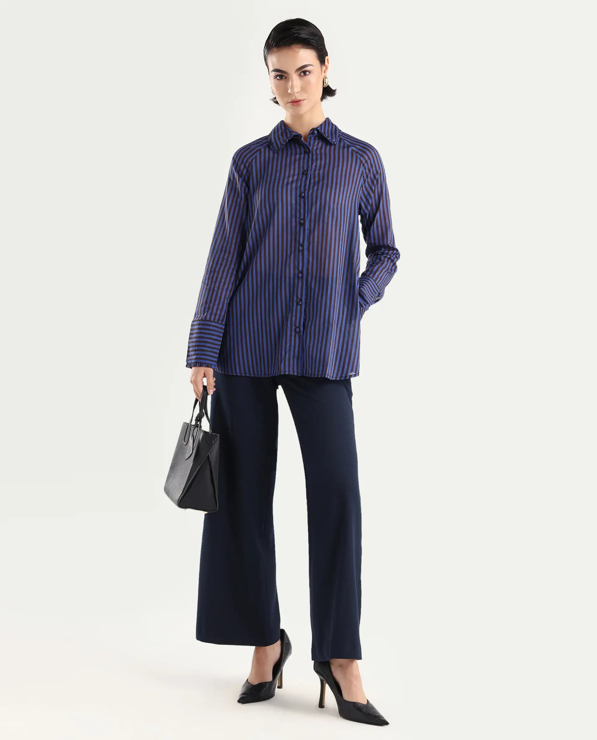 Rareism Women's Treasure Blue Cotton Spread Collar Striped Relaxed Fit Shirt