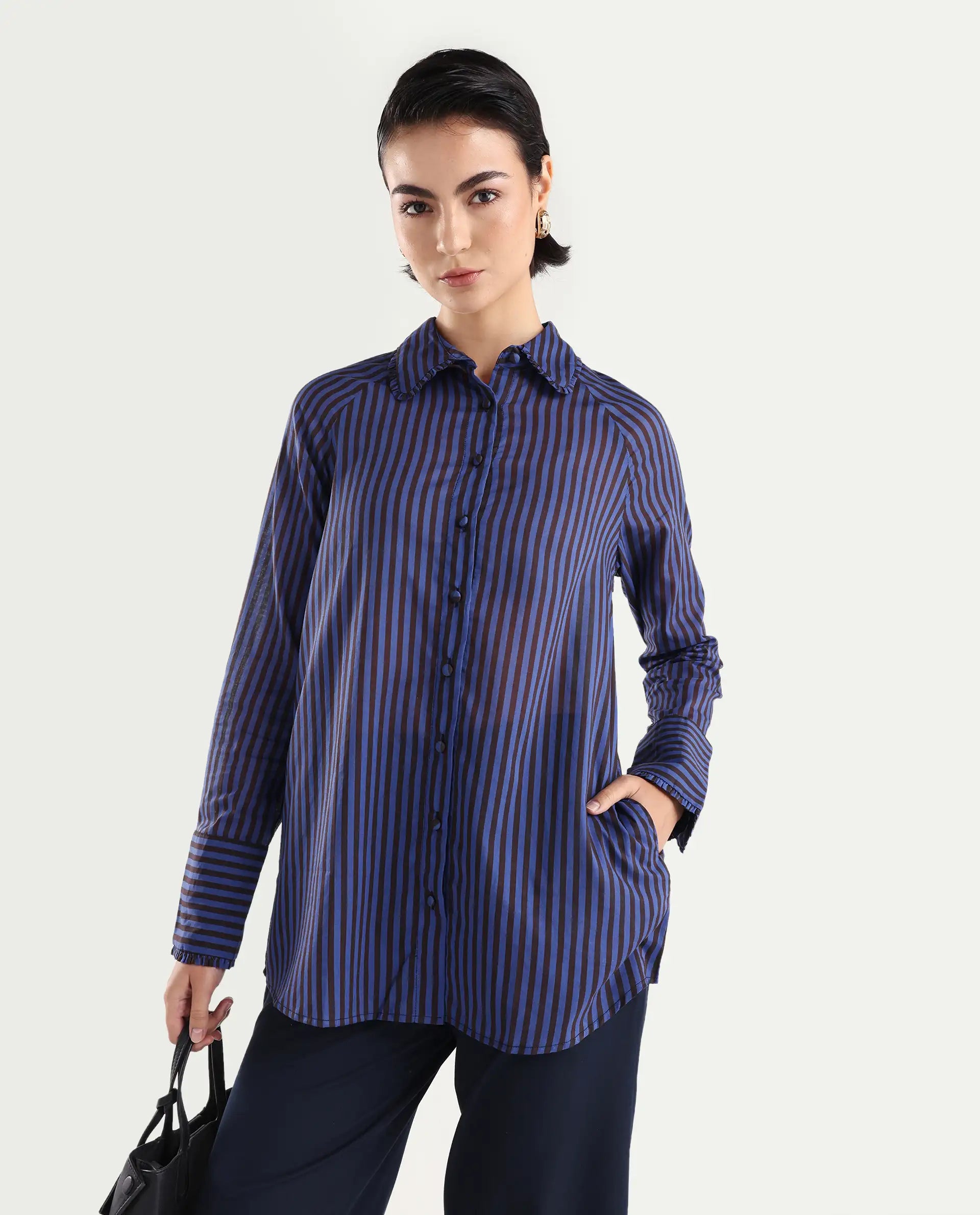 Rareism Women's Treasure Blue Cotton Spread Collar Striped Relaxed Fit Shirt